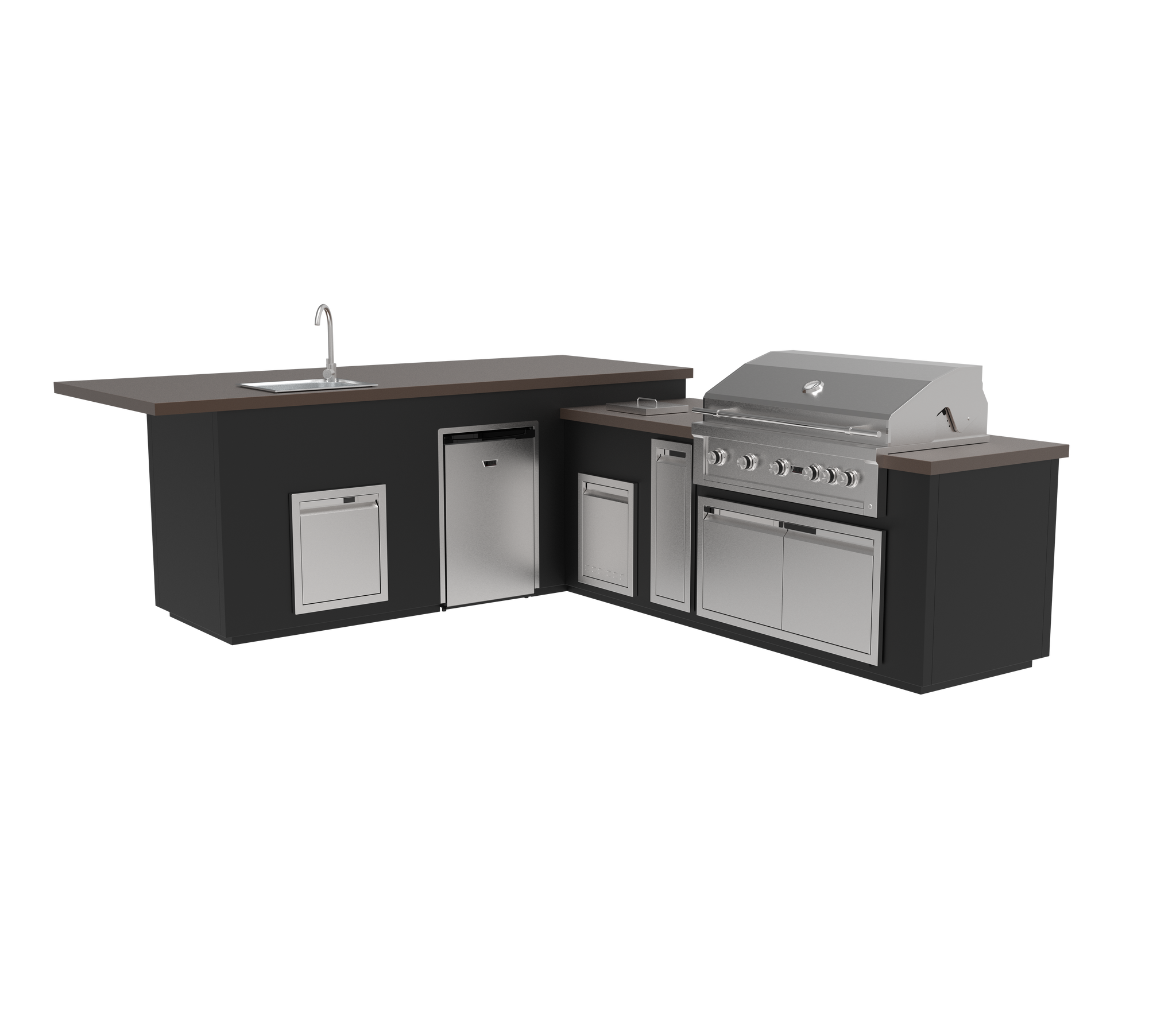 134" Maestro - L - Complete BBQ Island - Powder Coat - Includes Gran Fuego
42" BBQ Grill (5) Burner - 4.5 Cu Ft Fridge & Outdoor Sink