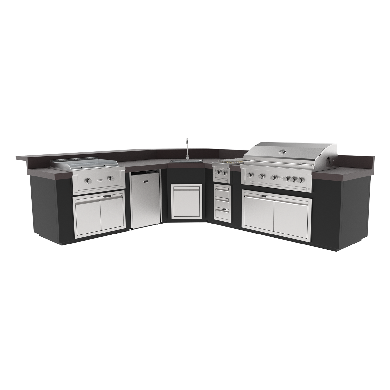 144" Maestro - L - Complete BBQ Island - Powder Coat - Includes Gran Fuego
42" BBQ Grill (5) Burner - 4.5 Cu Ft Fridge - Fuego I Videl Double Side Burner -
Gran Plancha I Videl (2) Burner 30" Griddle - Outdoor Sink