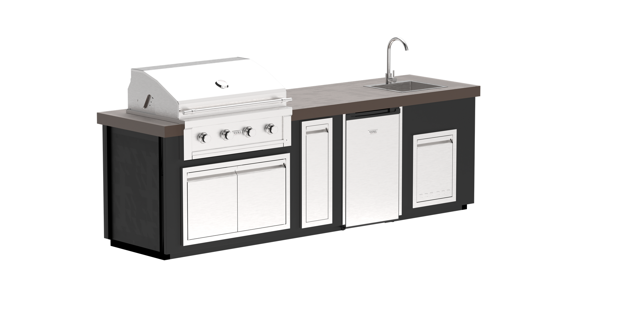 112" Luxe - I - Complete BBQ Island - Powder Coated - Includes Gran Fuego
36" BBQ Grill (4) Burner & 4.5 Cu Ft Fridge - Outdoor Sink