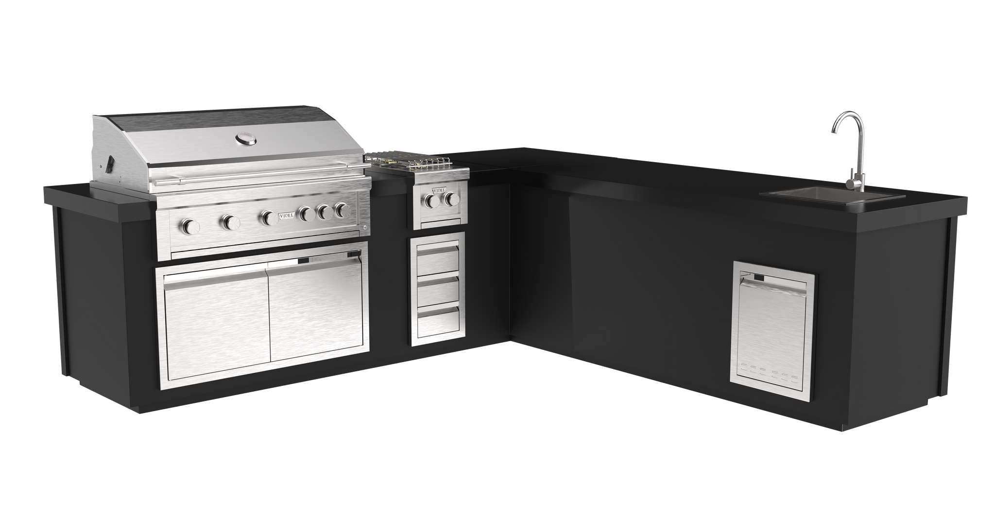 112" Maestro - L - Complete BBQ Island - Powder Coat - Includes Gran Fuego
42" BBQ Grill (5) Burner - Fuego I - Videl Double Side Burner & Outdoor Sink