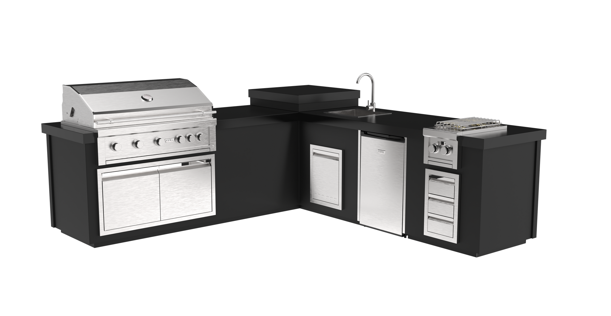 112" Maestro - L - B - Complete BBQ Island - Powder Coat - Includes Gran
Fuego 42" BBQ Grill (5) Burner - 4.5 Cu Ft Fridge - Fuego I - Videl Double Side
Burner - Outdoor Sink - LED & Outdoor Audio System