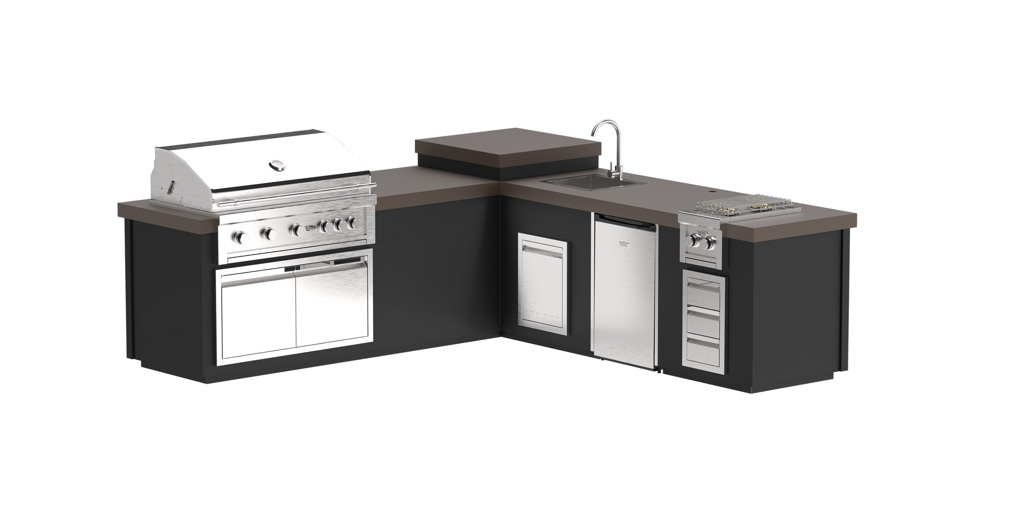 112" Maestro - L - B - Complete BBQ Island - Powder Coat - Includes Gran
Fuego 42" BBQ Grill (5) Burner - 4.5 Cu Ft Fridge - Fuego I - Videl Double Side
Burner - Outdoor Sink - LED & Outdoor Audio System