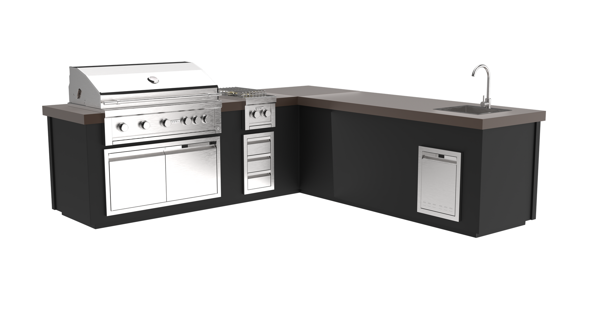 112" Maestro - L - Complete BBQ Island - Powder Coat - Includes Gran Fuego
42" BBQ Grill (5) Burner - Fuego I - Videl Double Side Burner & Outdoor Sink