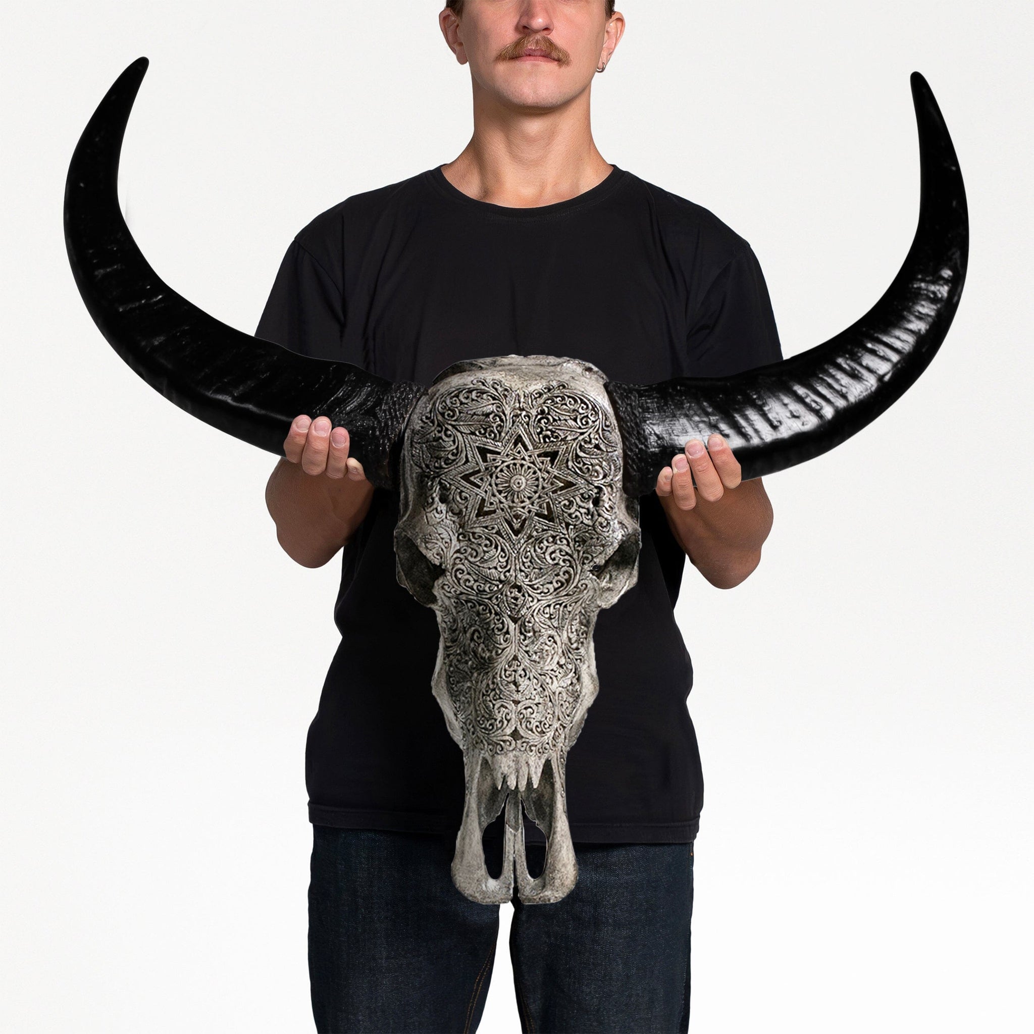 Hand Carved Buffalo Skull - Gray Mandala