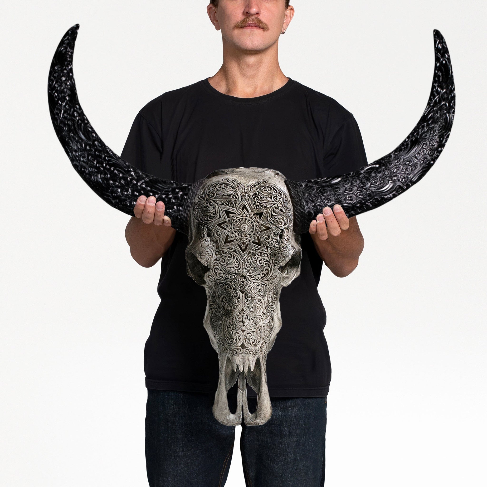 Hand Carved Buffalo Skull - Gray Mandala