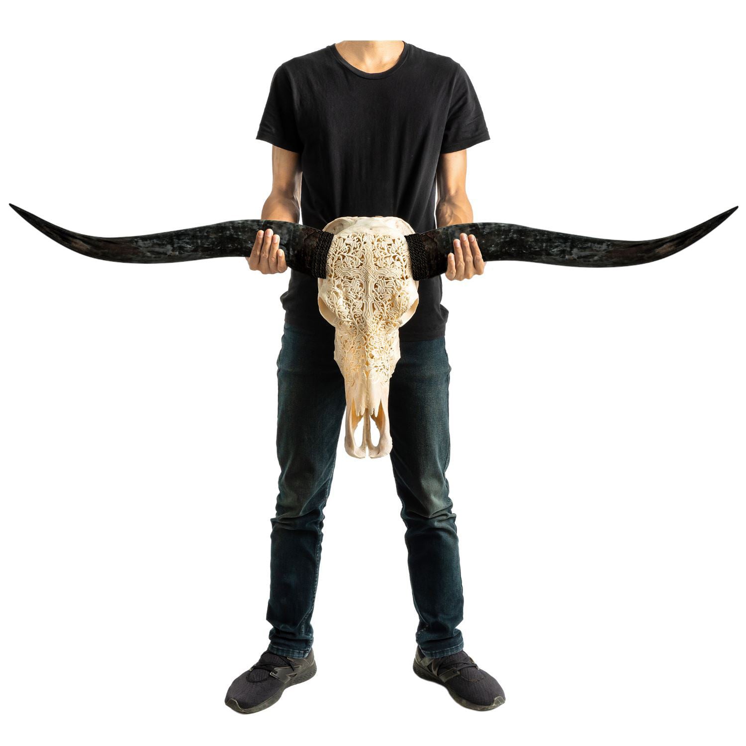Hand Carved Longhorn Skull - Gothic Cross