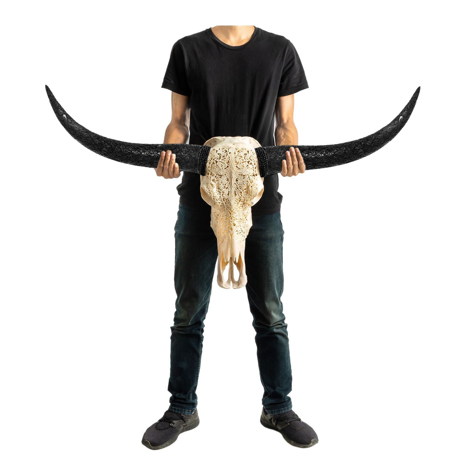 Hand Carved Longhorn Skull - Gothic Cross