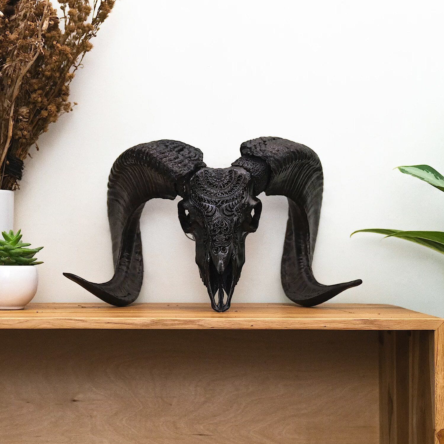Hand Carved Ram Skull - Black Boho