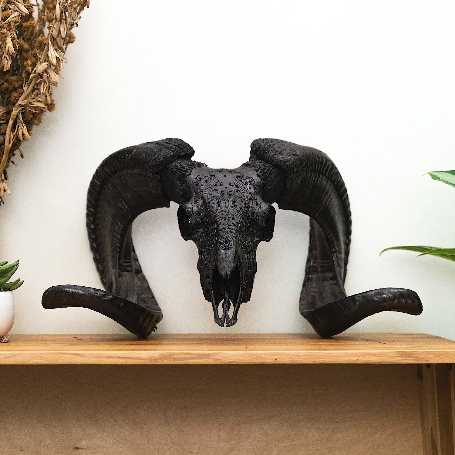 Hand Carved Ram Skull - Black Phantom
