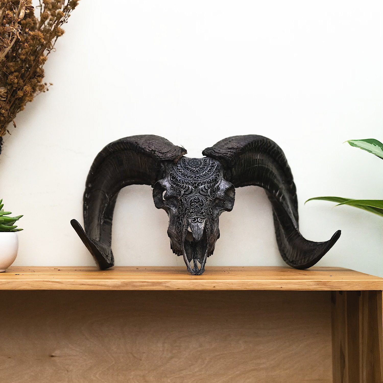 Hand Carved Ram Skull - Gray Boho