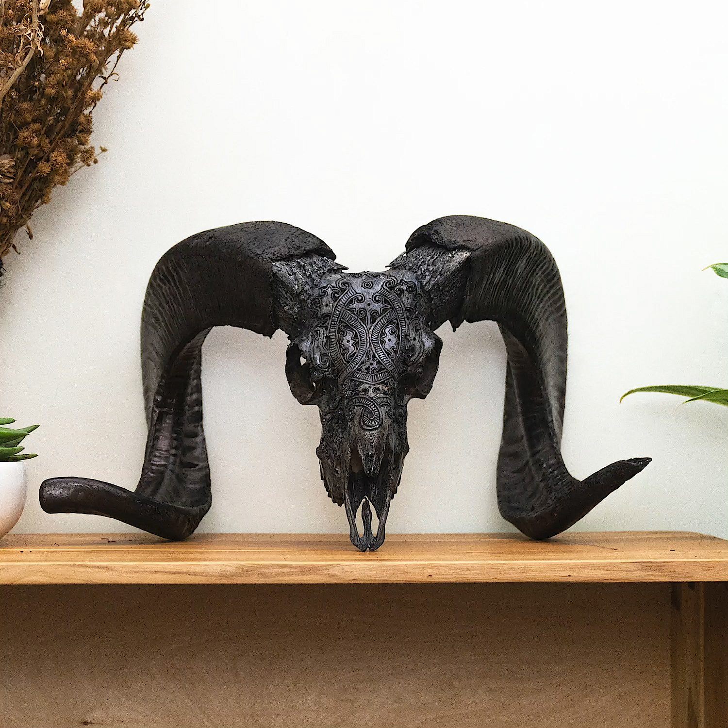 Hand Carved Ram Skull - Gray Phantom
