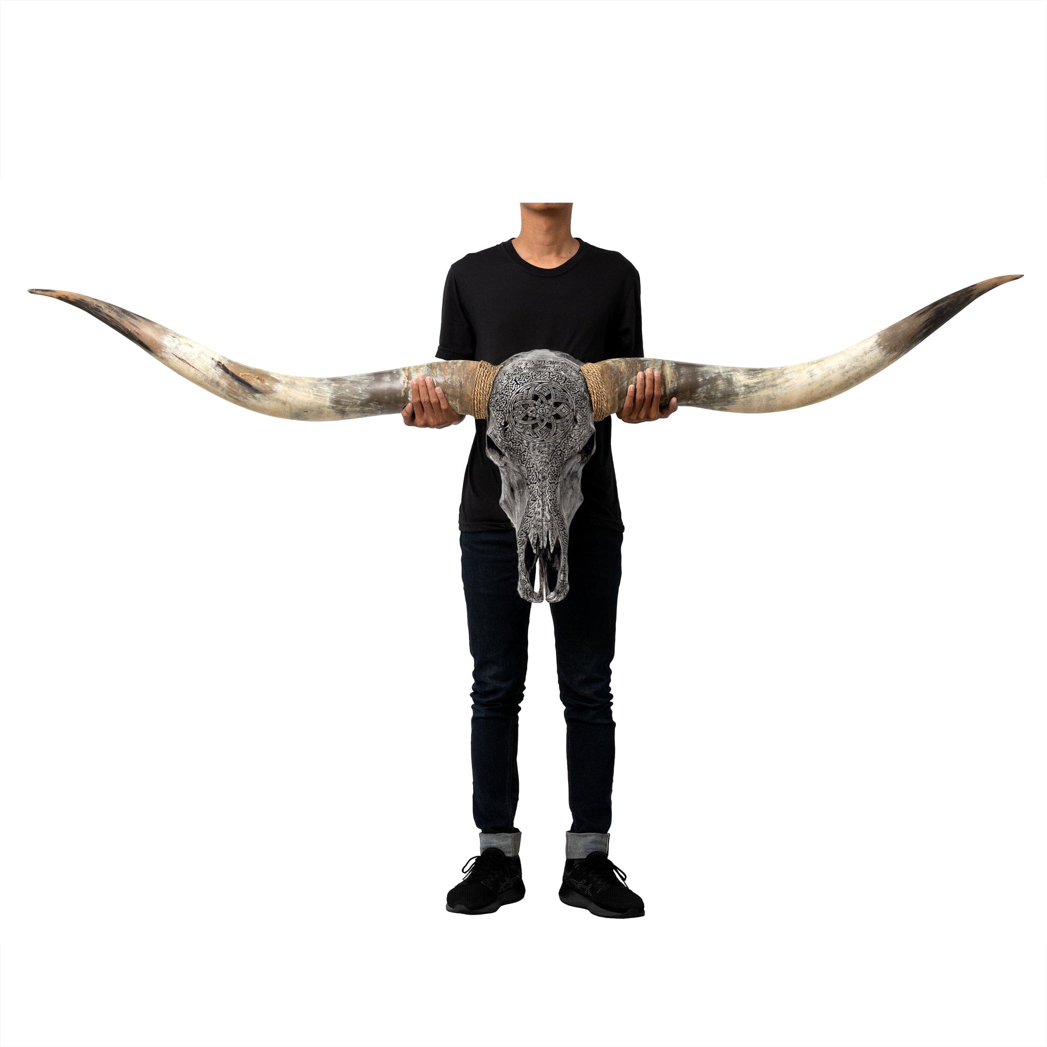 Hand Carved Longhorn Skull // XL Horns - Gray Norse Rune