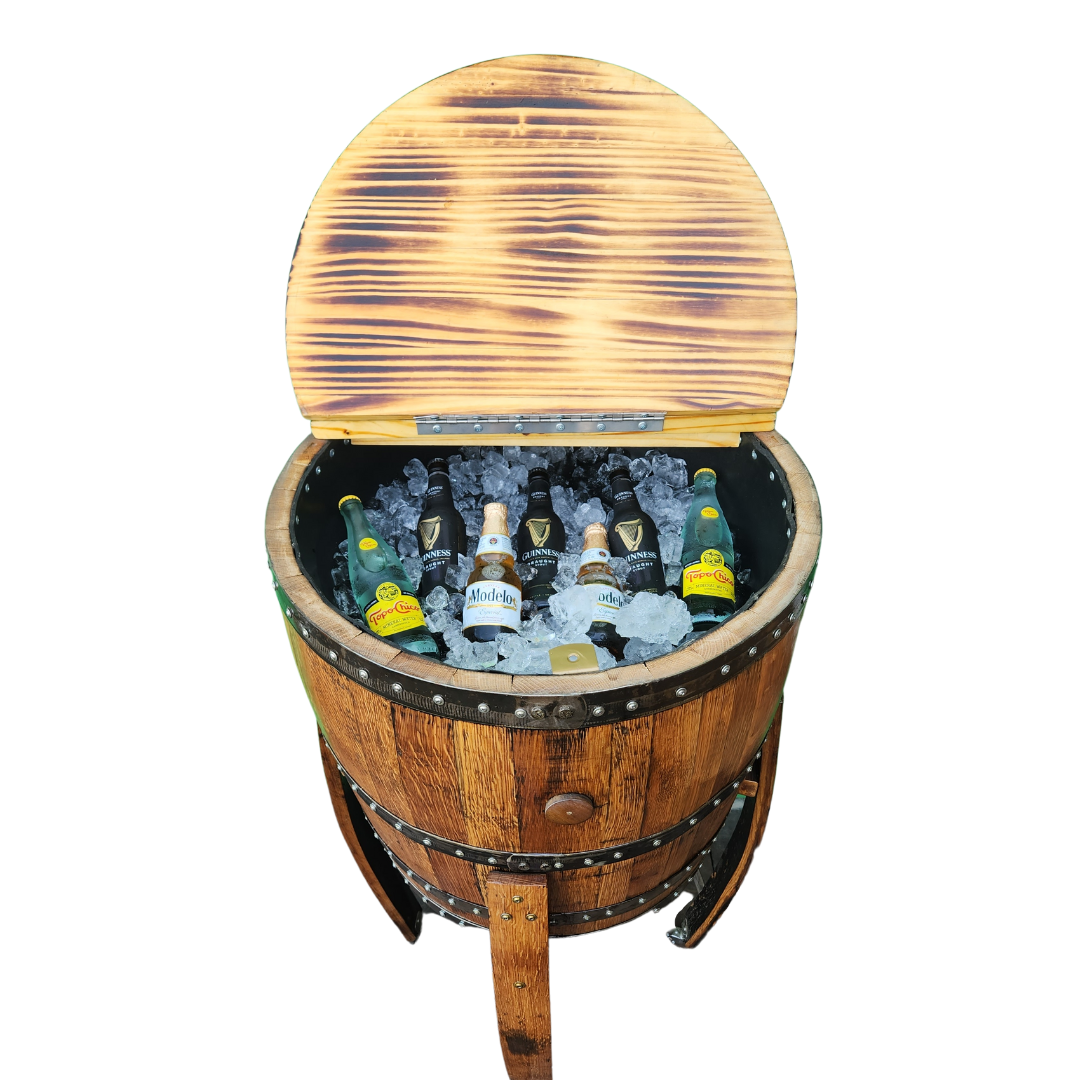 Barrel Cooler - Genuine Bourbon or Wine Barrel with Wheeled Casters