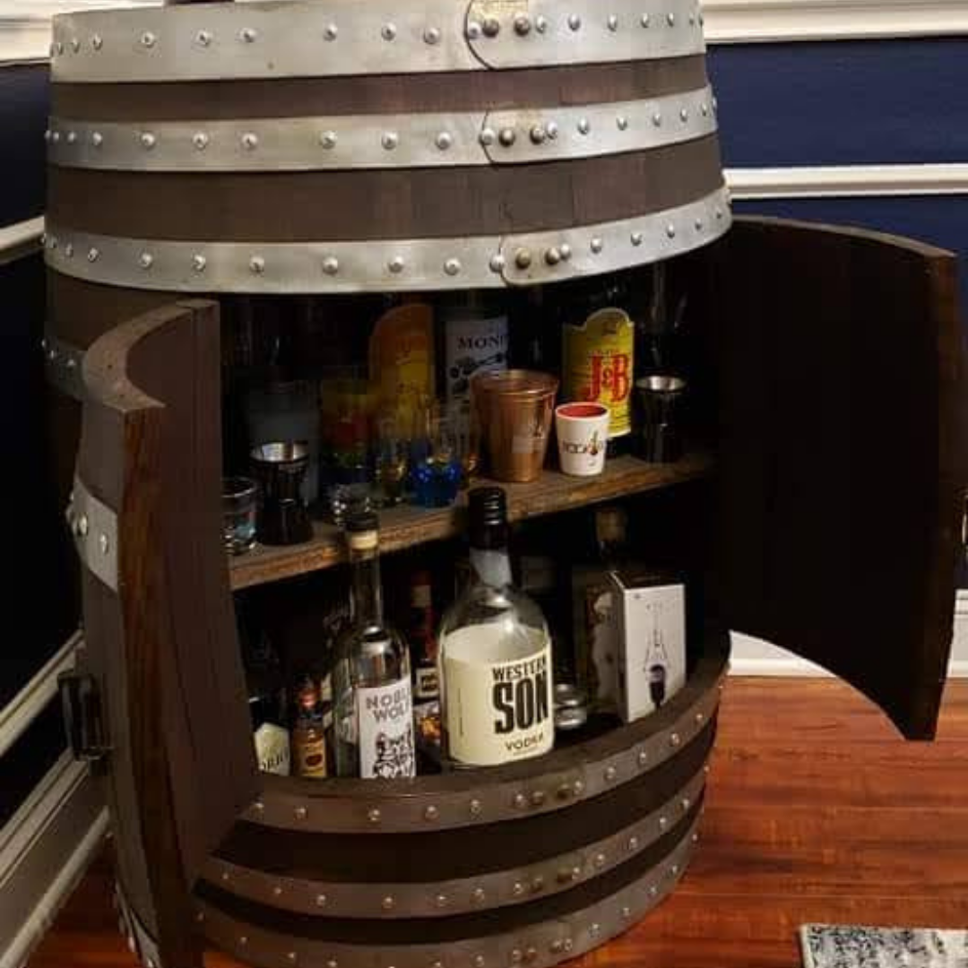 Bourbon or Wine Double Door Barrel Cabinet with 2 Shelves and LED Light