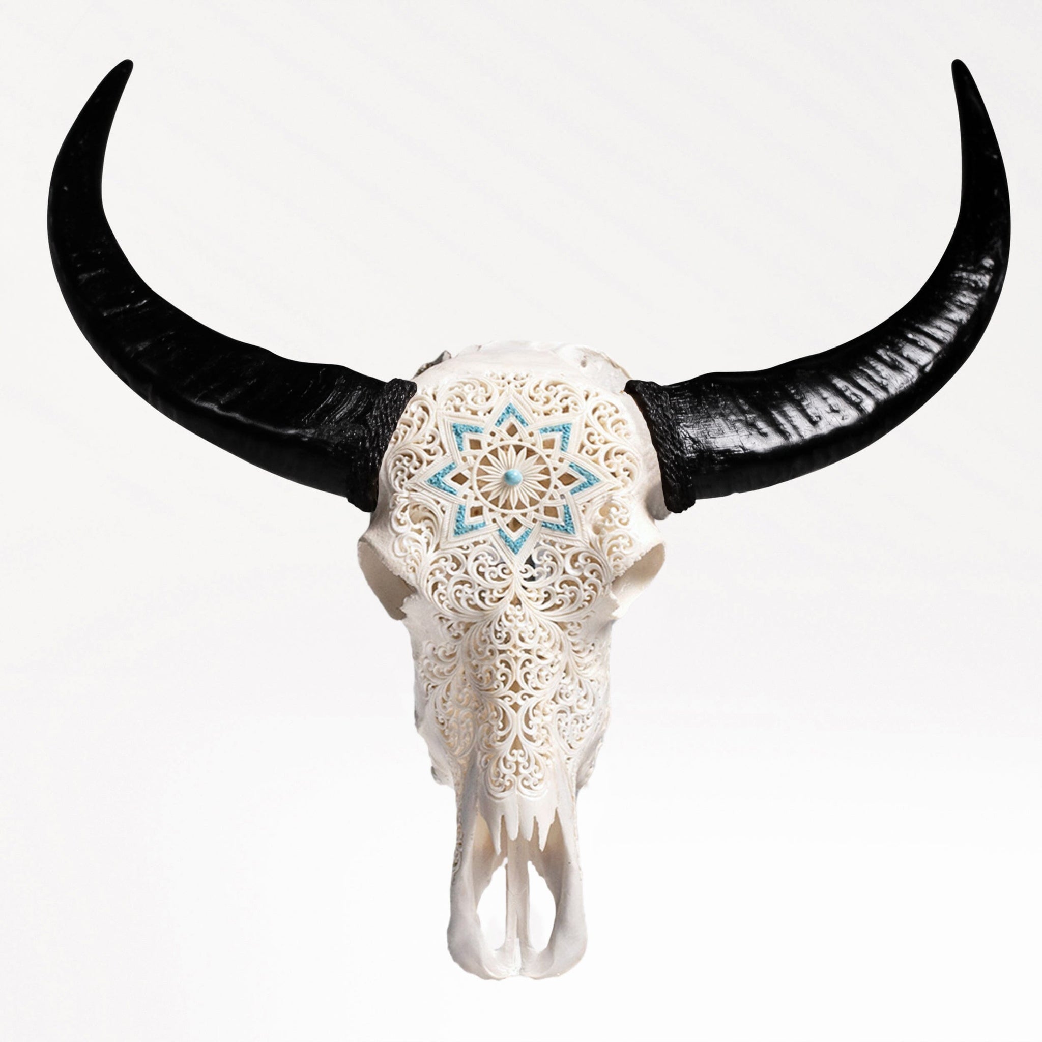 Hand Carved Buffalo Skull - White Glowing Mandala