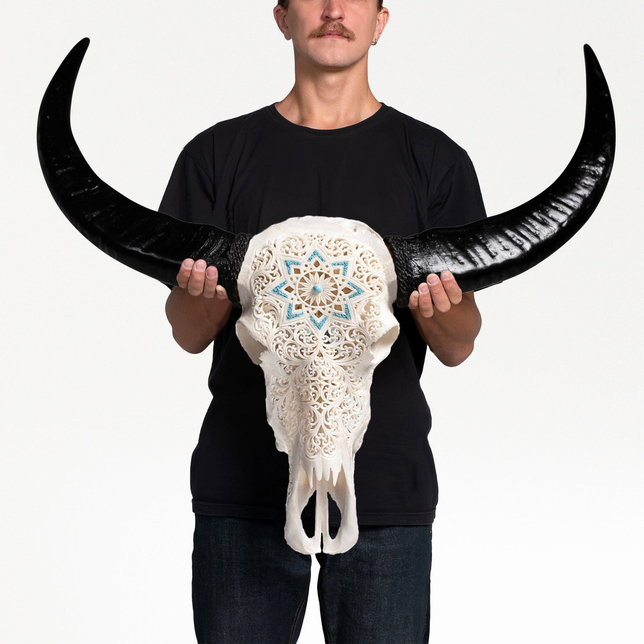 Hand Carved Buffalo Skull - White Glowing Mandala