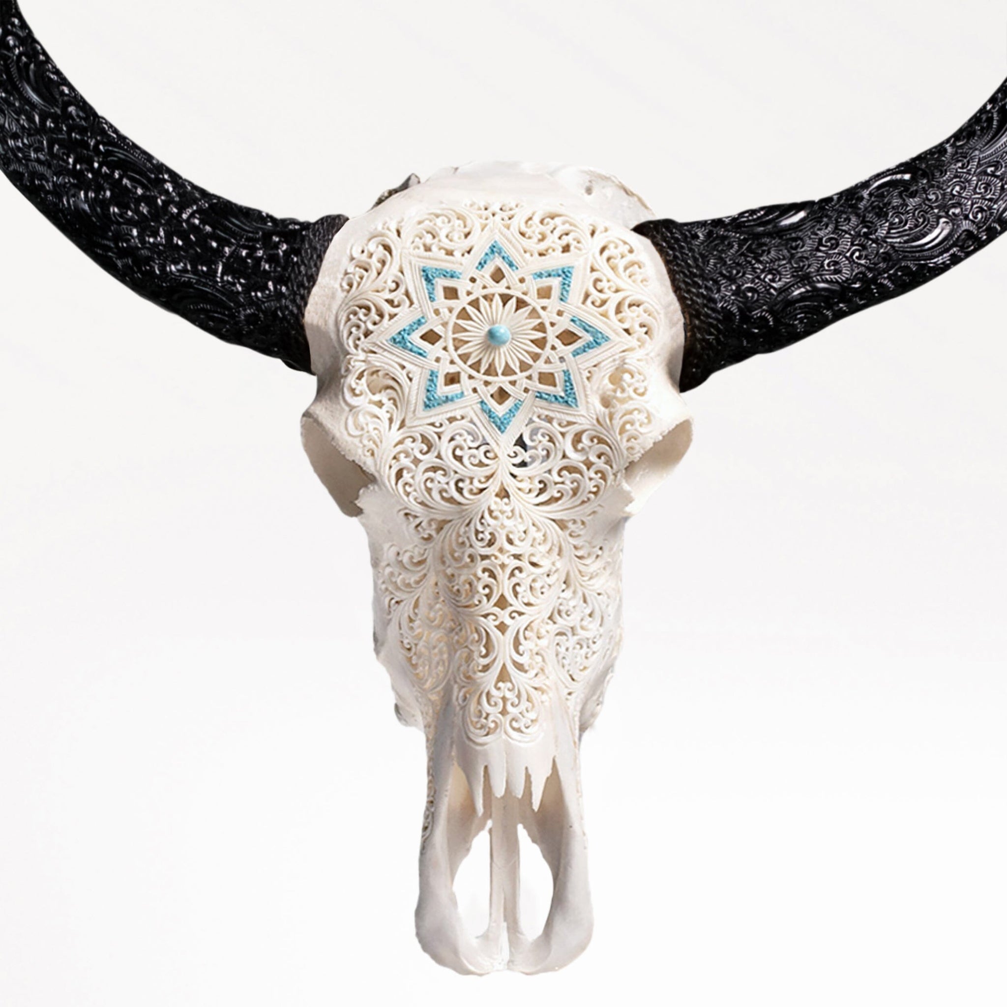 Hand Carved Buffalo Skull - White Glowing Mandala