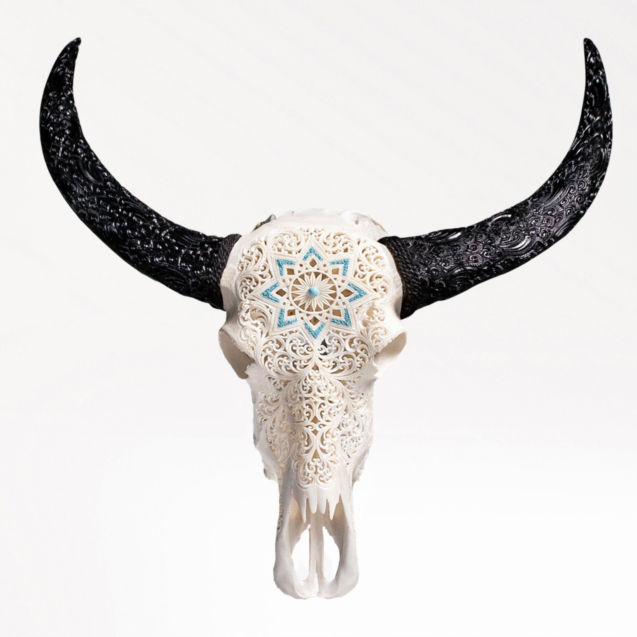 Hand Carved Buffalo Skull - White Glowing Mandala