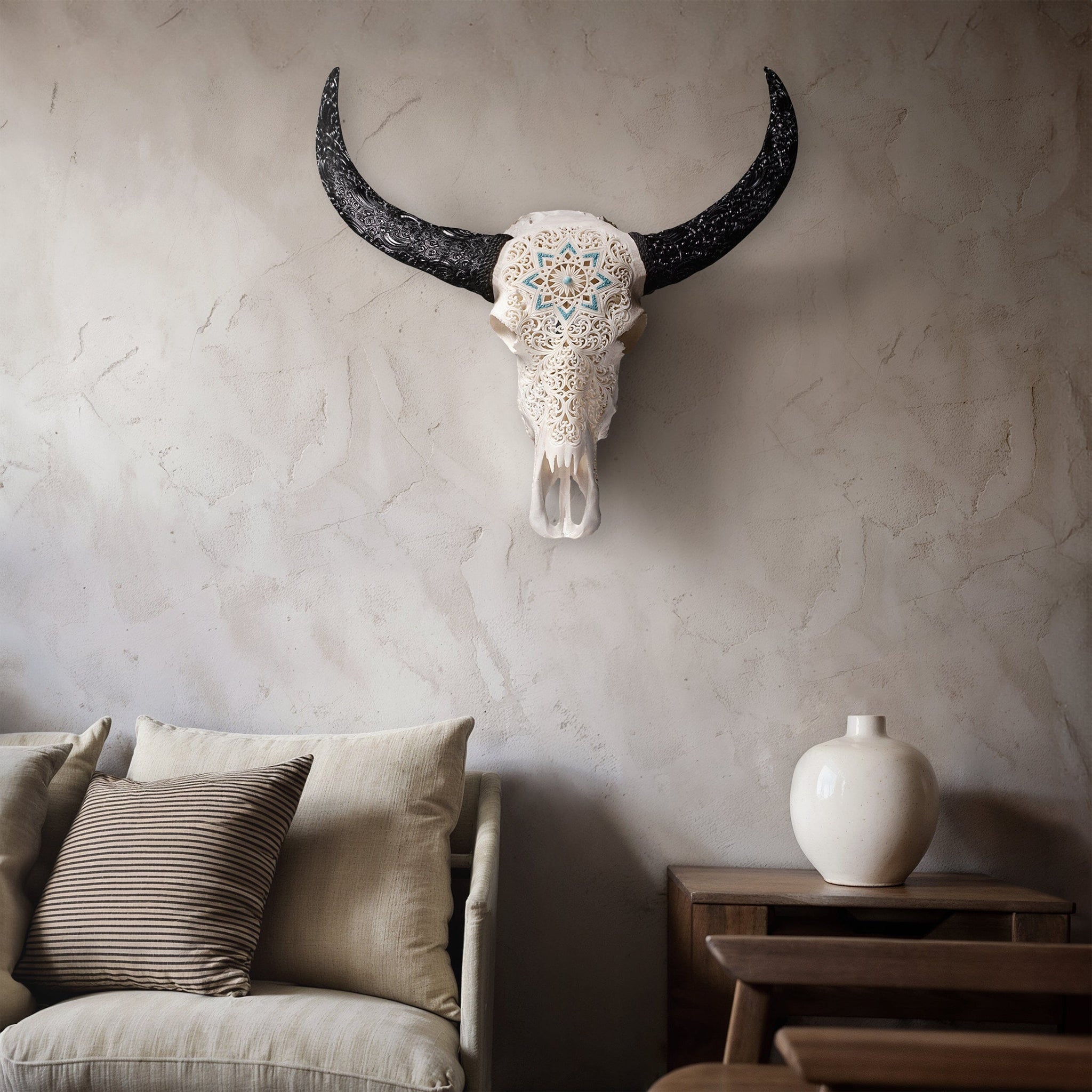 Hand Carved Buffalo Skull - White Glowing Mandala