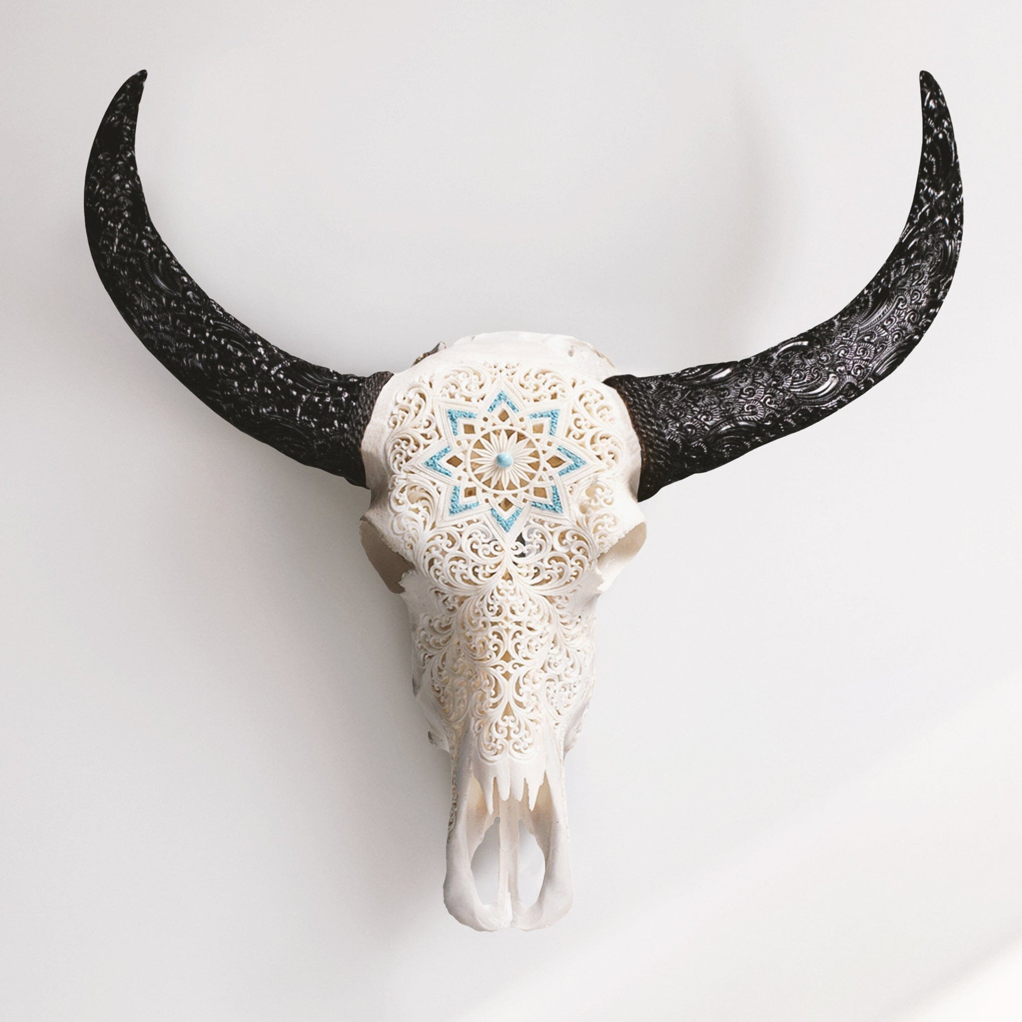 Hand Carved Buffalo Skull - White Glowing Mandala