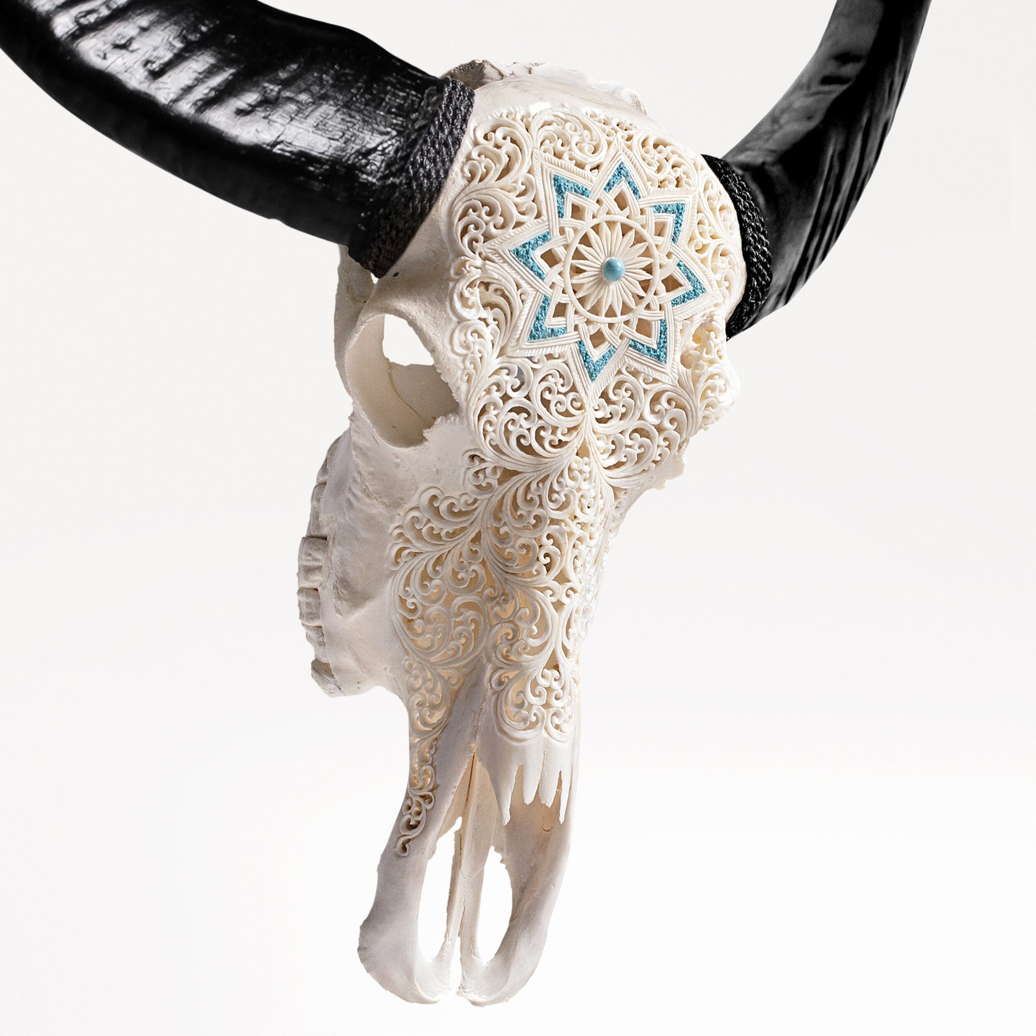 Hand Carved Buffalo Skull - White Glowing Mandala