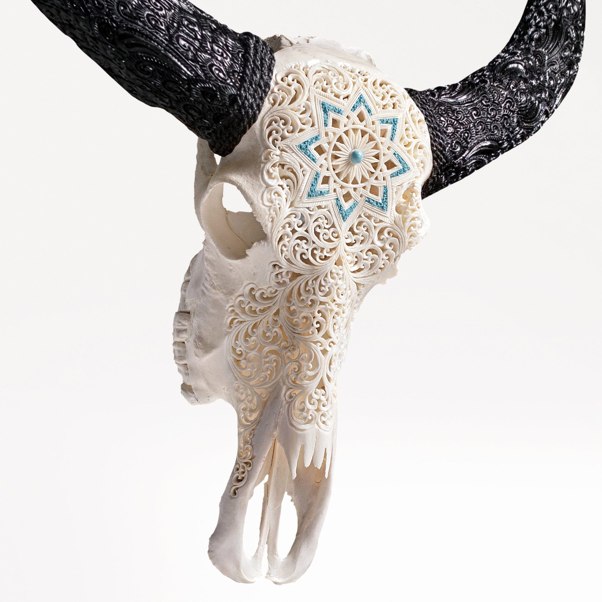 Hand Carved Buffalo Skull - White Glowing Mandala