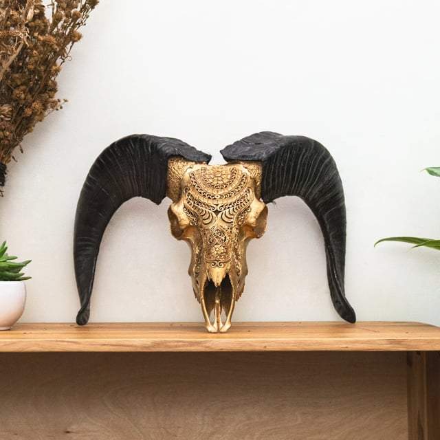 Hand Carved Ram Skull - Golden Boho