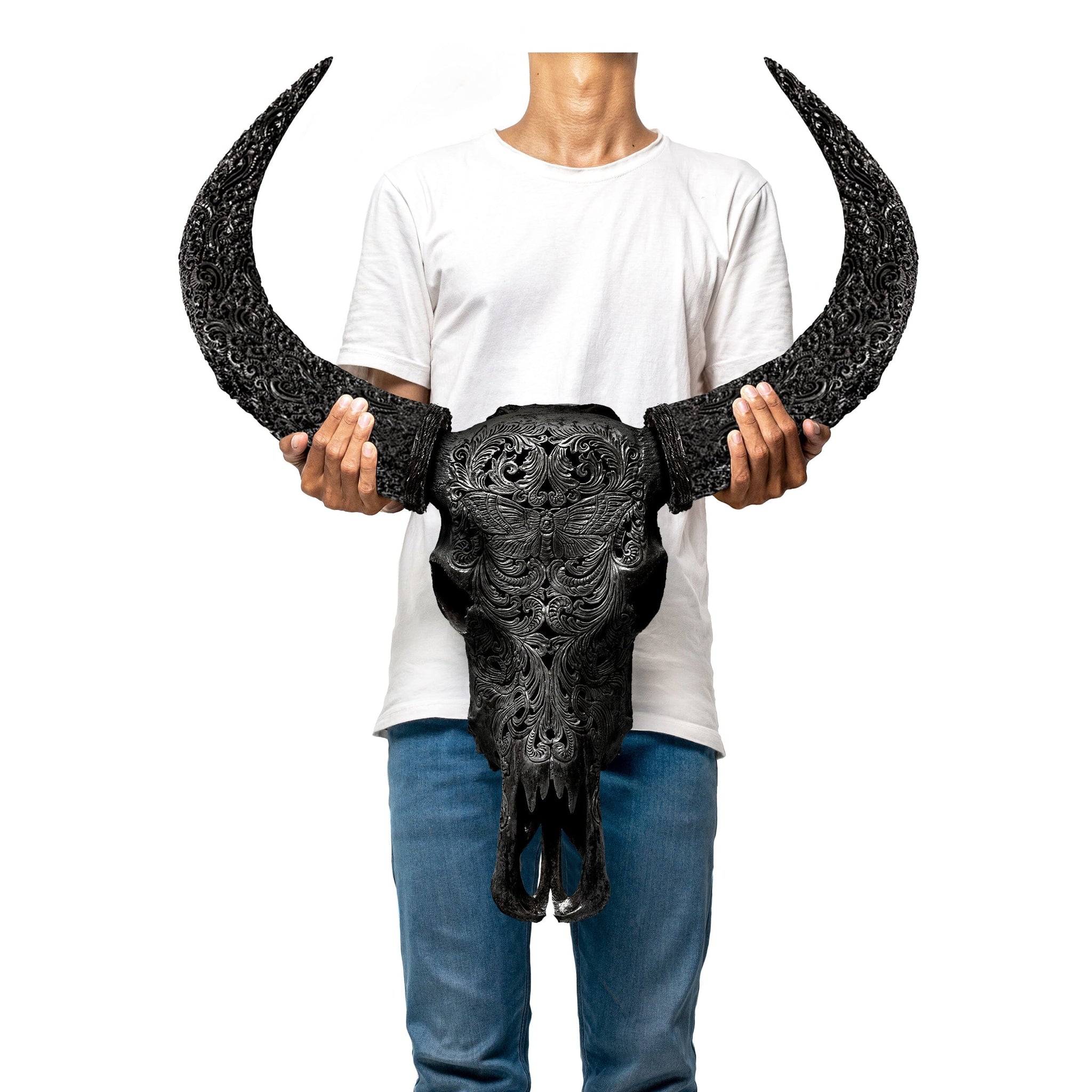 Hand Carved Buffalo Skull - Black Moth
