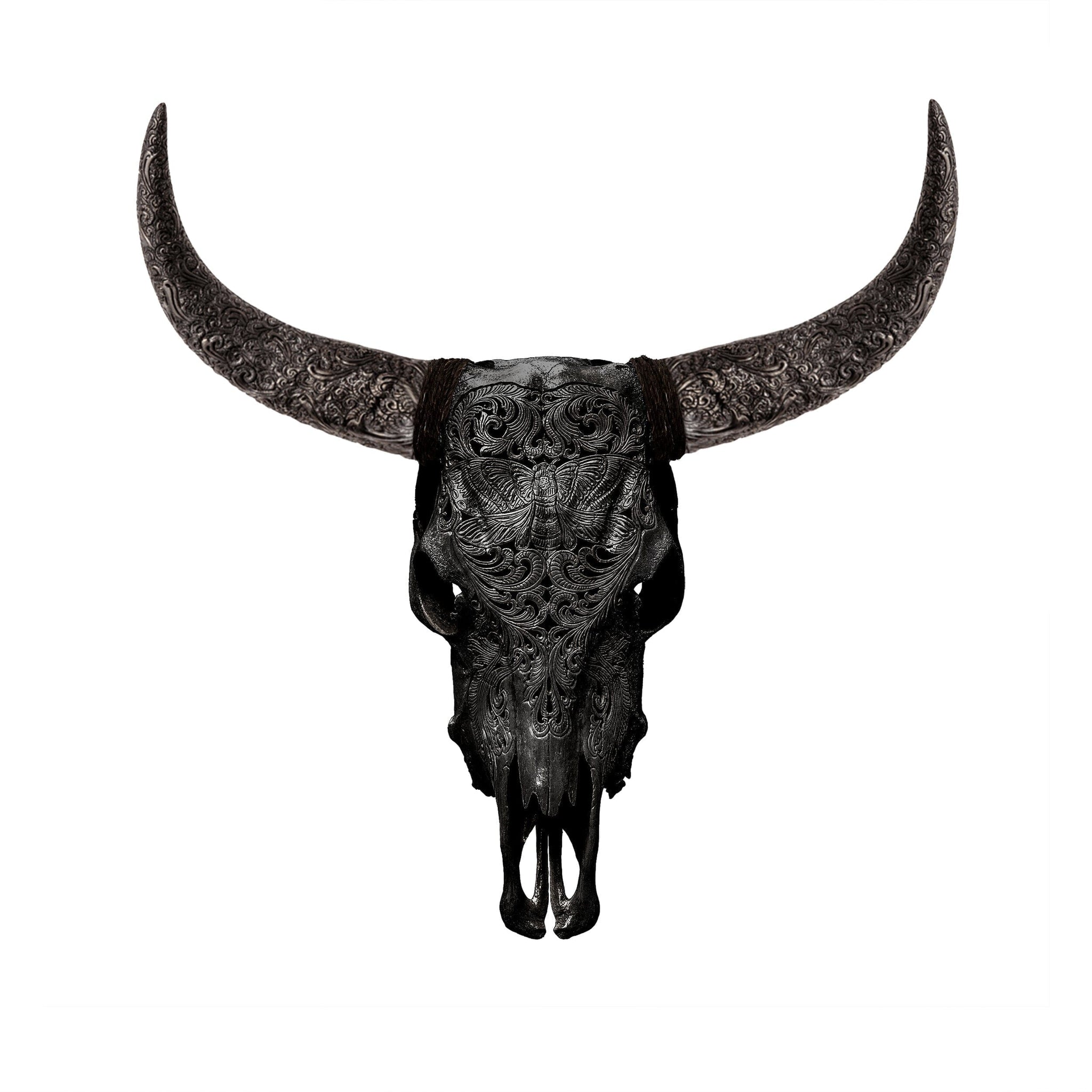 Hand Carved Cow Skull - Black Moth