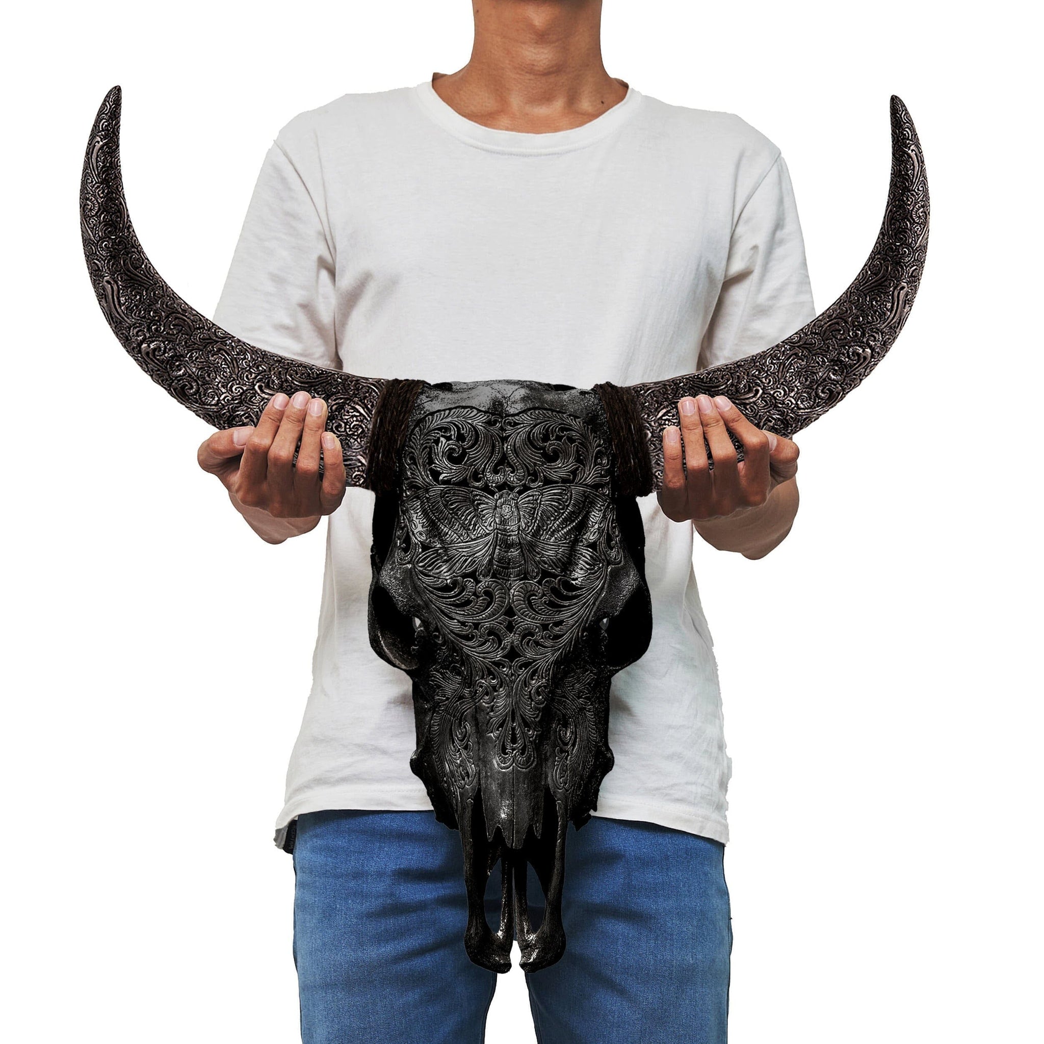Hand Carved Cow Skull - Black Moth
