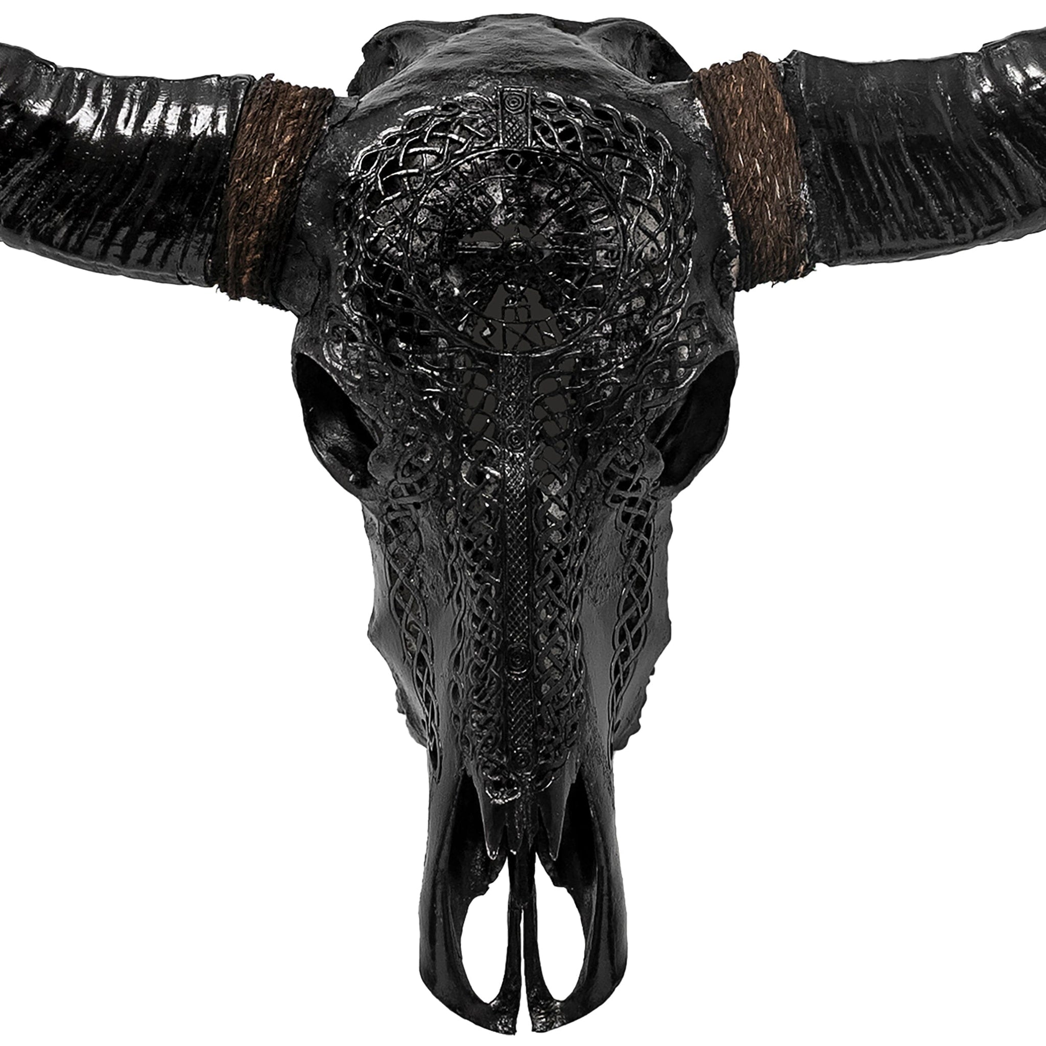 Hand Carved Buffalo Skull - Black Vegvísir