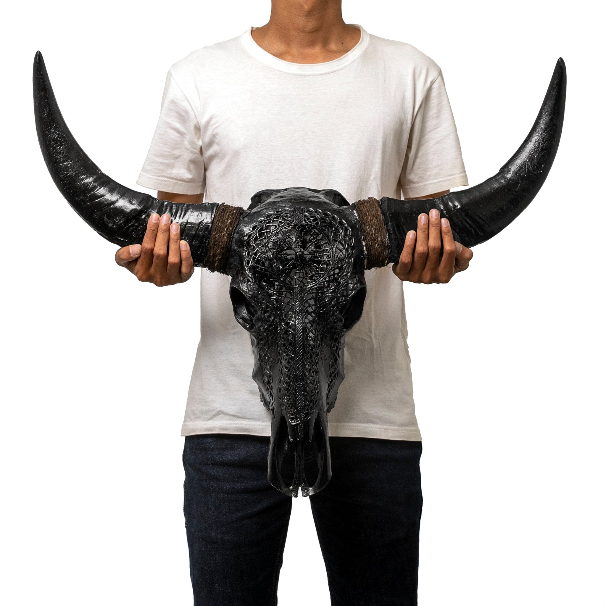 Hand Carved Buffalo Skull - Black Vegvísir