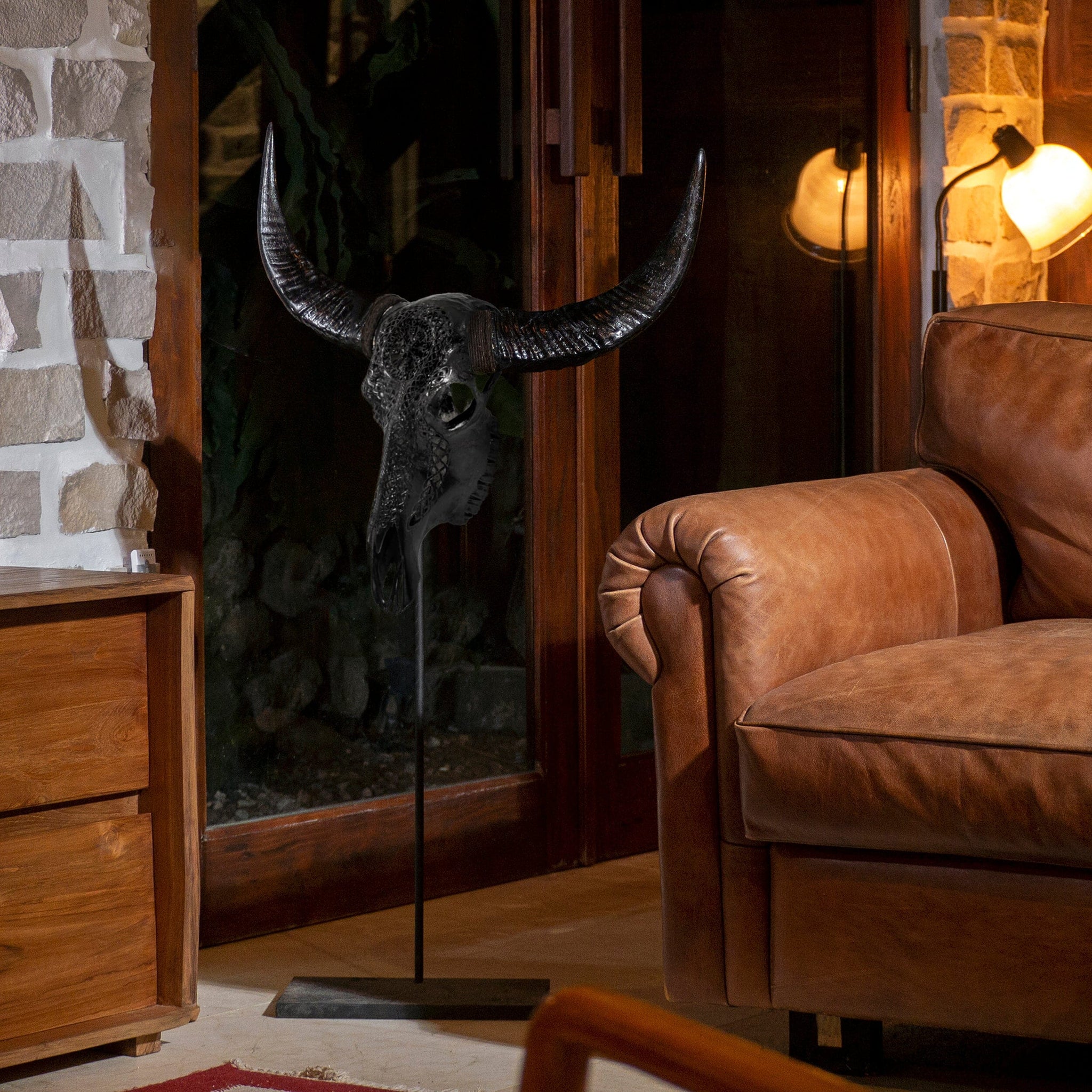 Hand Carved Buffalo Skull - Black Vegvísir