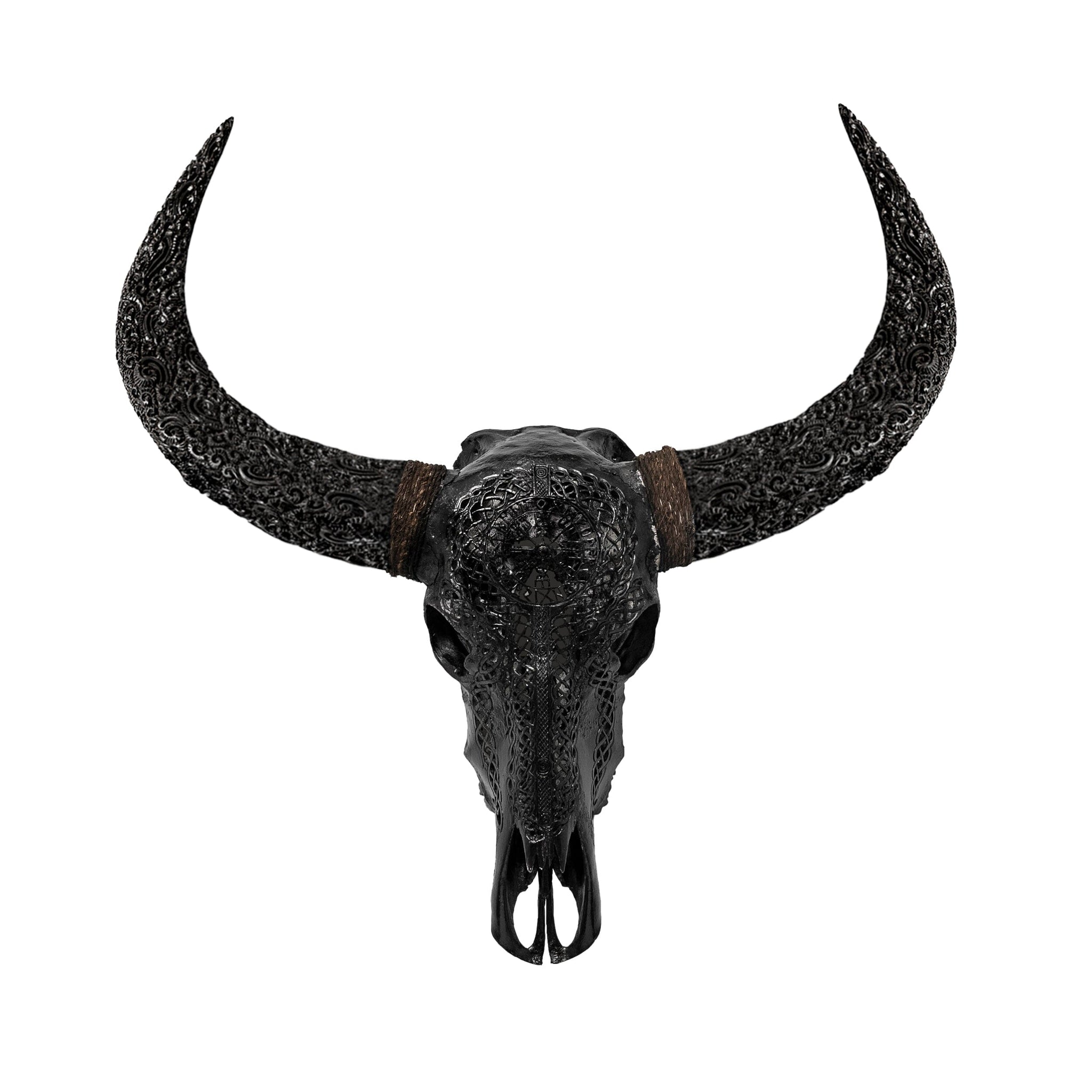 Hand Carved Buffalo Skull - Black Vegvísir