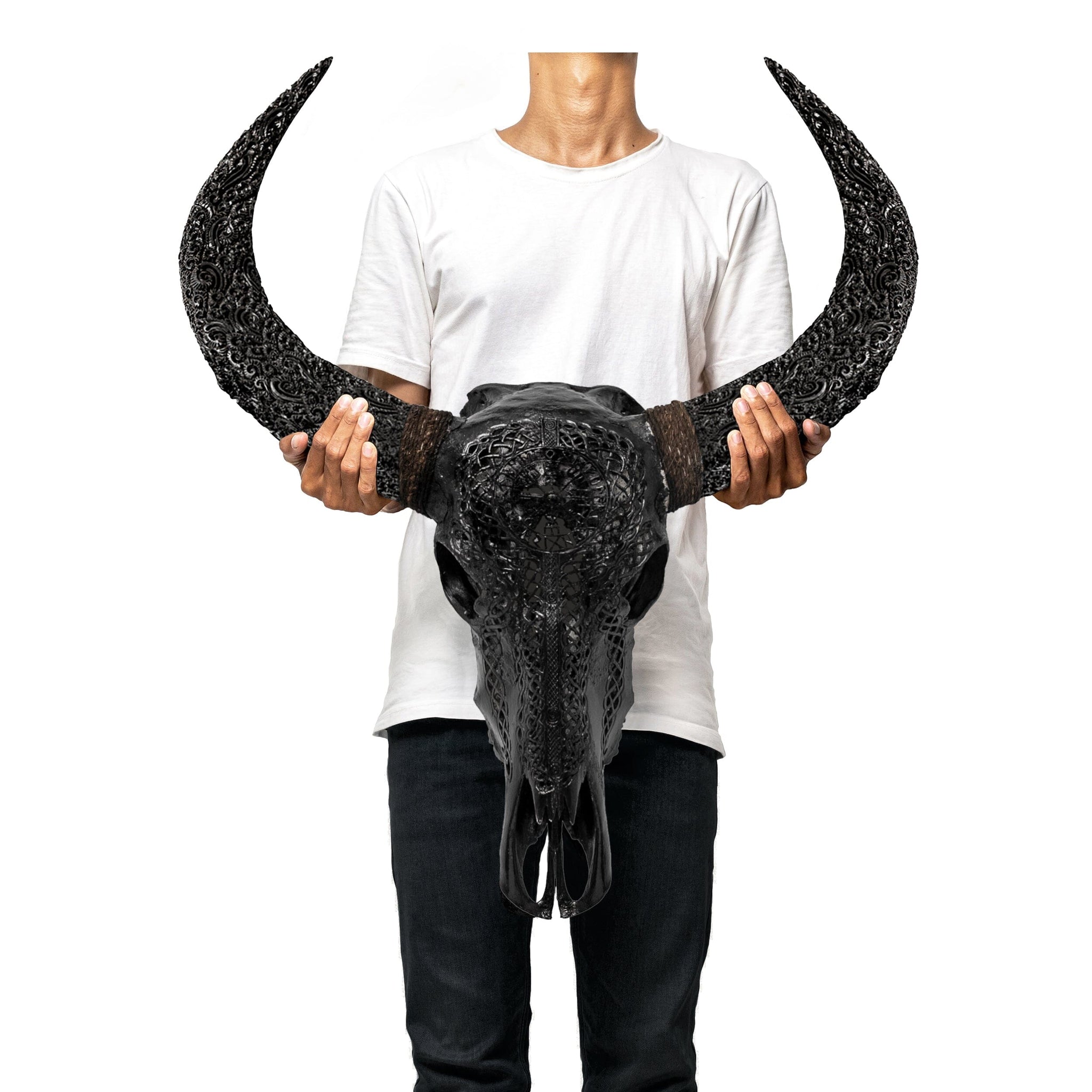 Hand Carved Buffalo Skull - Black Vegvísir