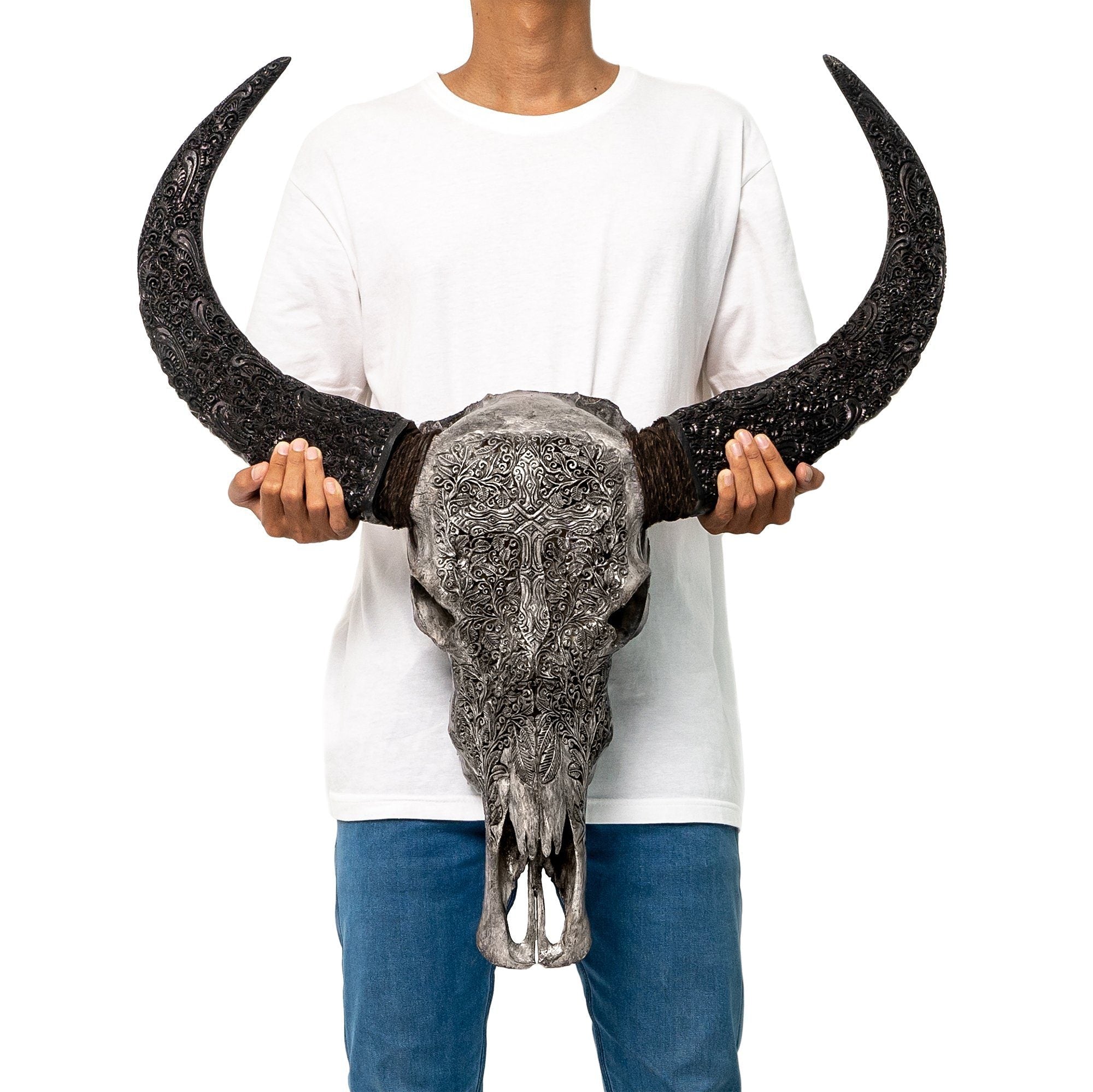 Hand Carved Buffalo Skull - Gray Gothic Cross