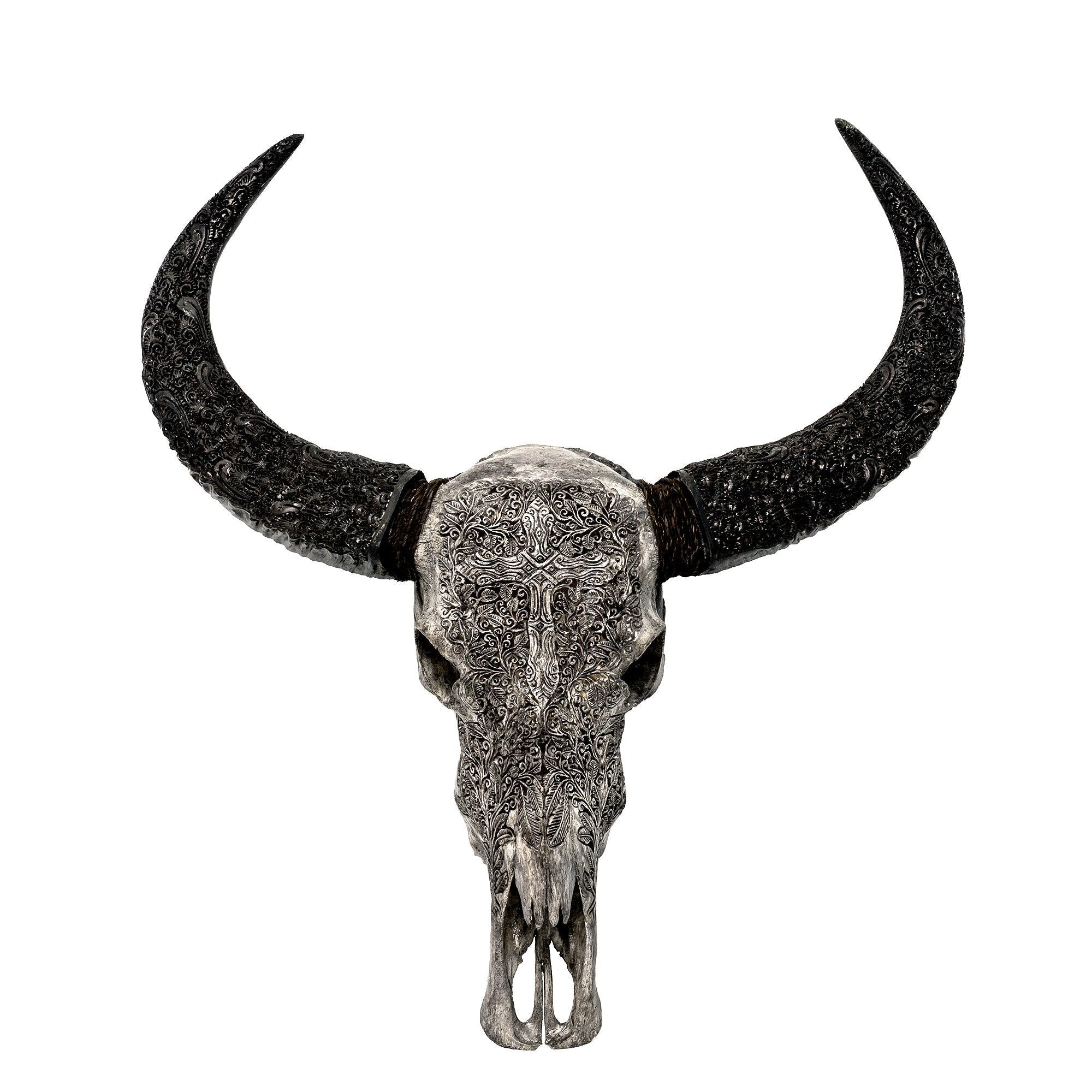 Hand Carved Buffalo Skull - Gray Gothic Cross