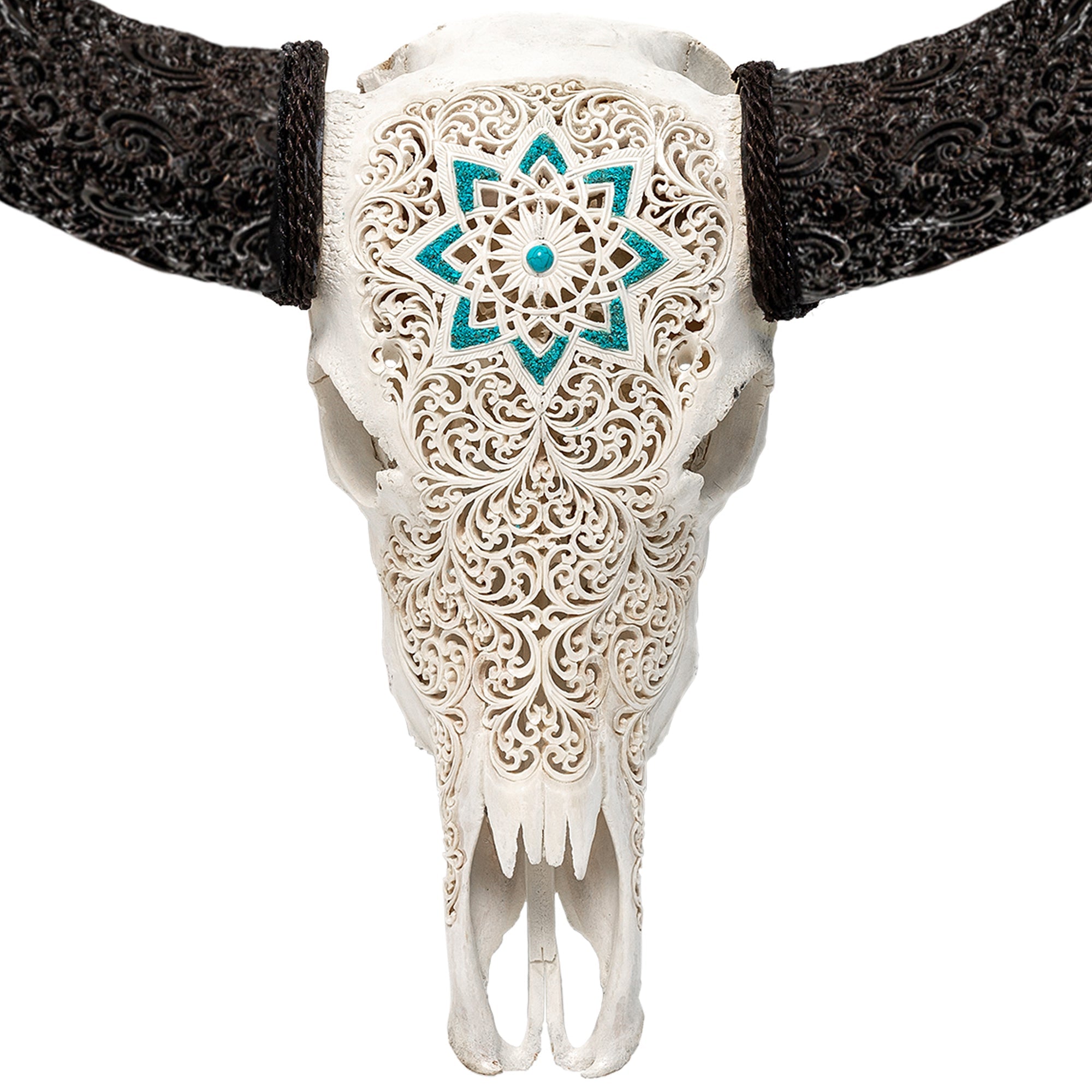 Hand Carved Buffalo Skull - White Glowing Mandala