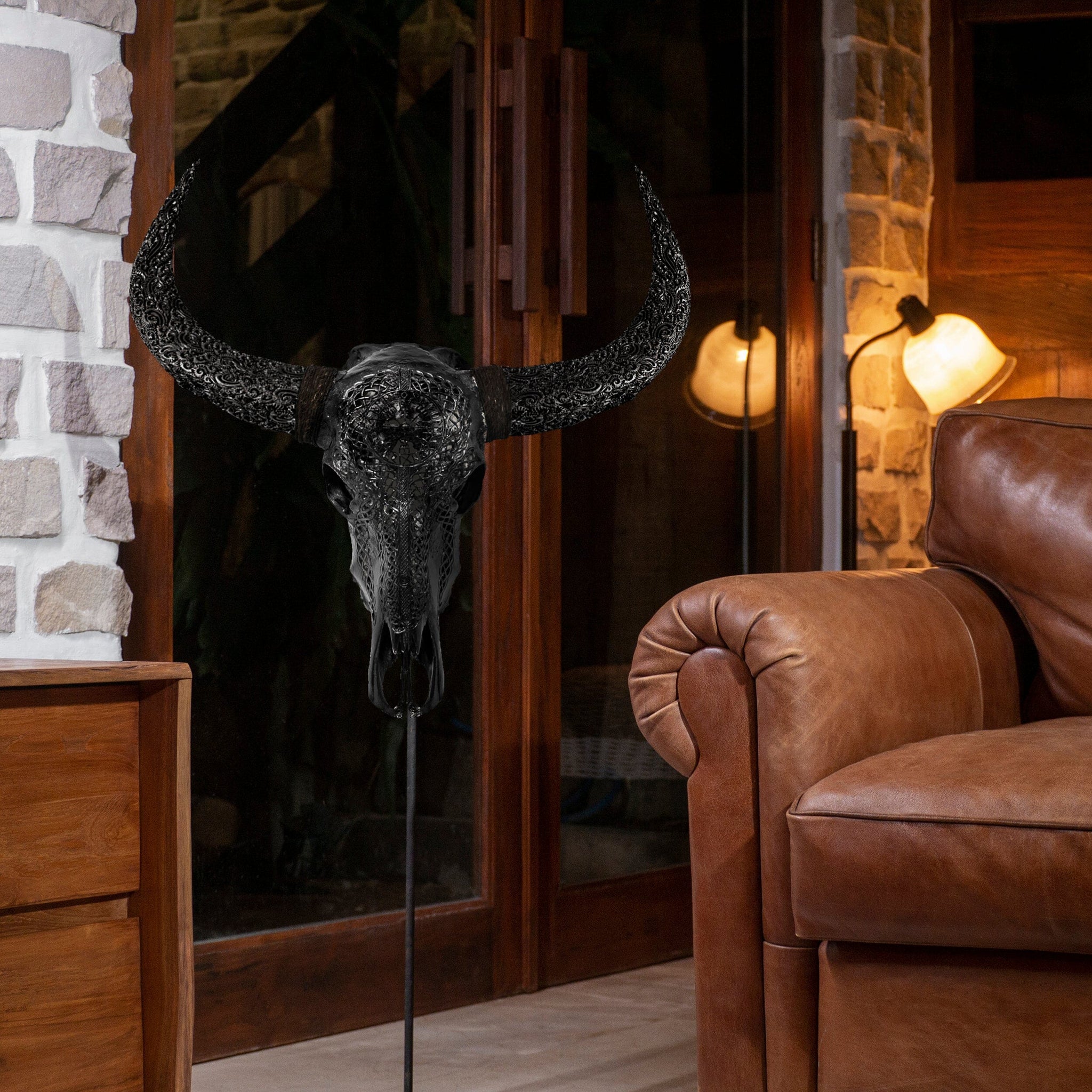 Hand Carved Buffalo Skull - Black Vegvísir