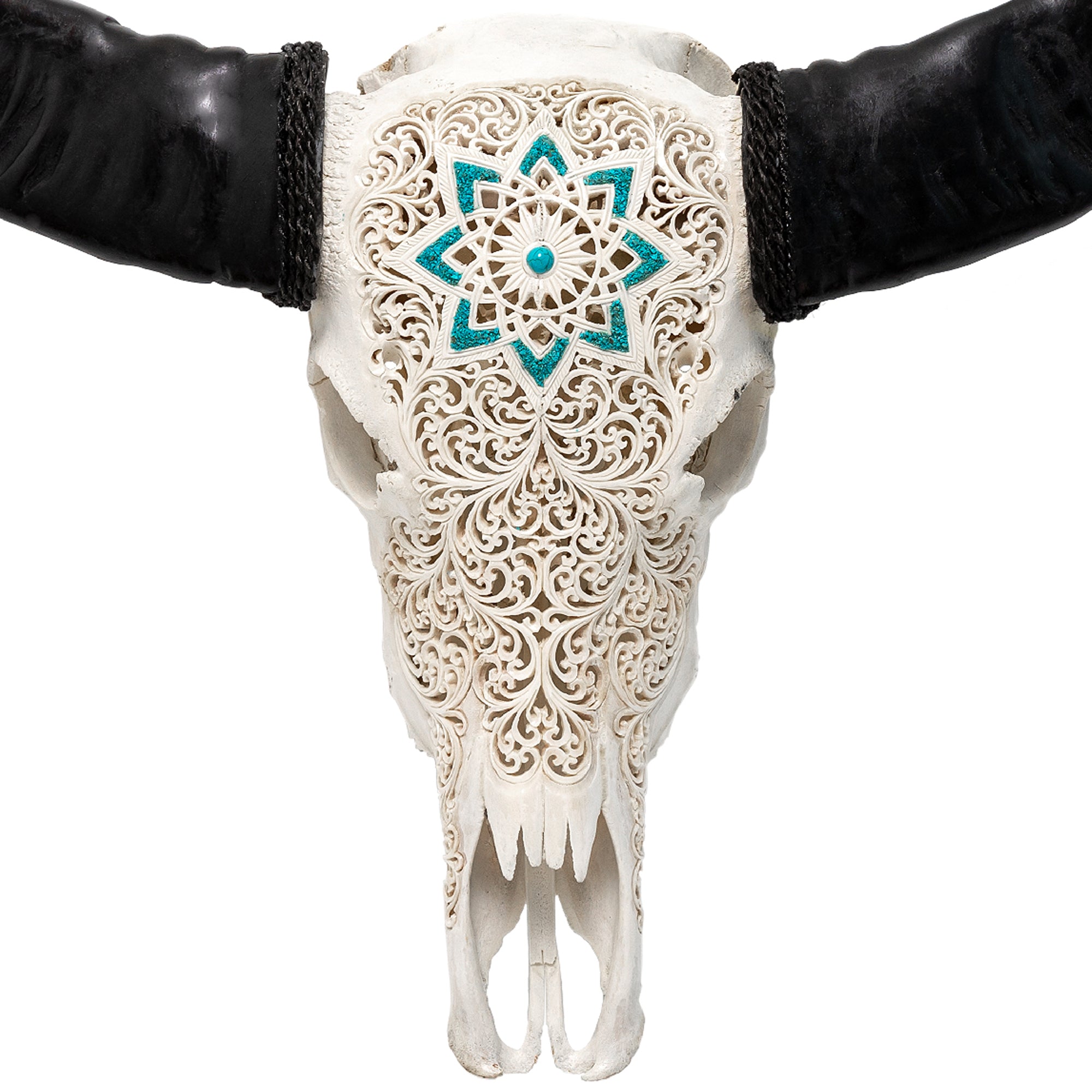 Hand Carved Buffalo Skull - White Glowing Mandala
