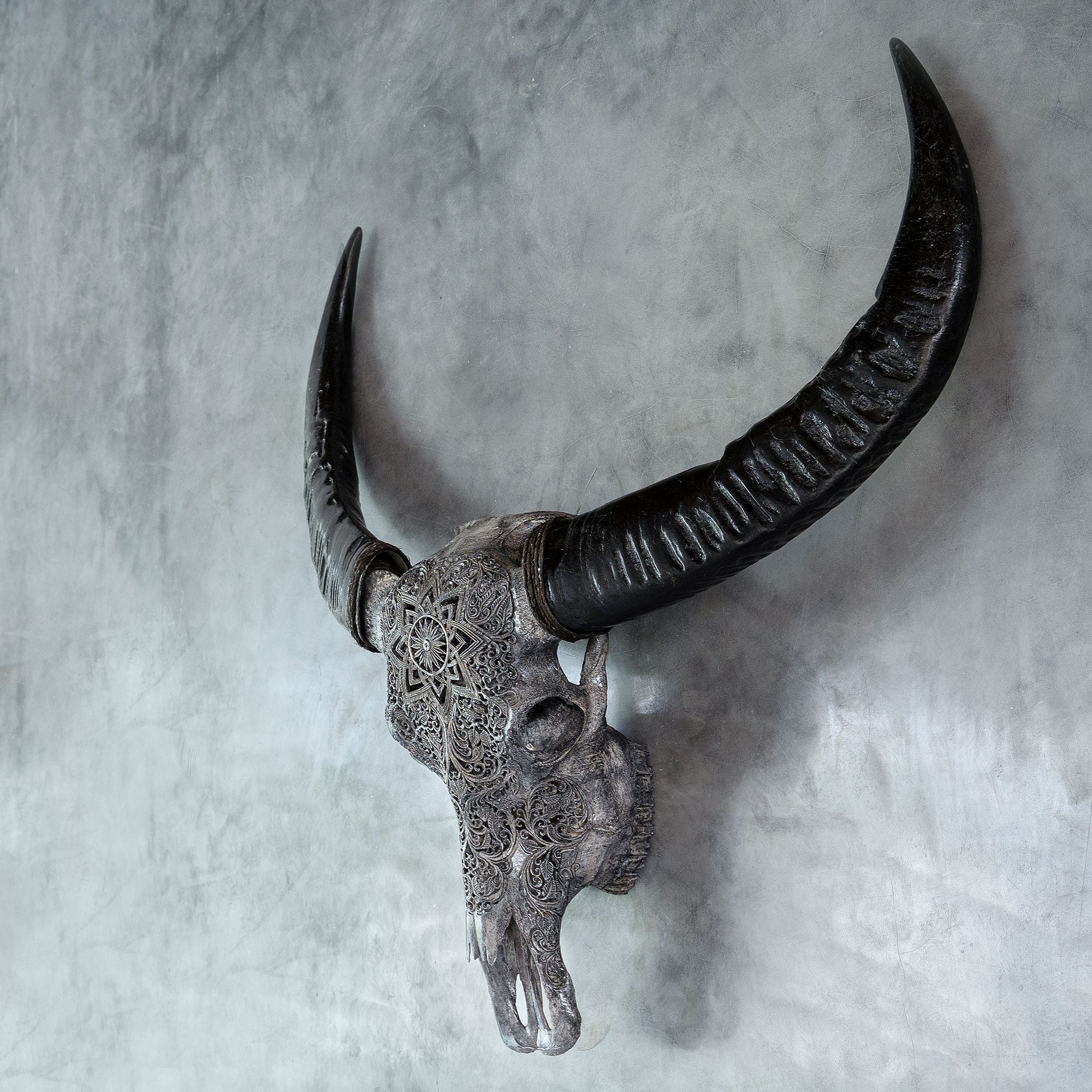 Hand Carved Buffalo Skull - Gray Mandala