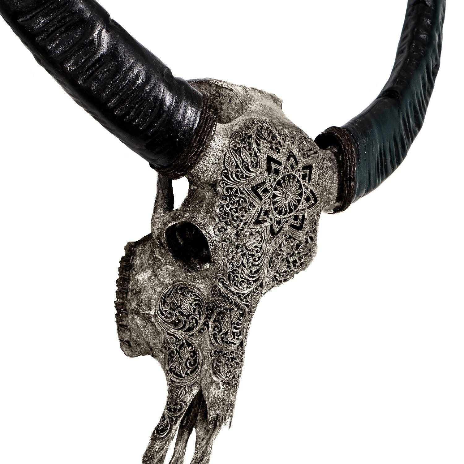 Hand Carved Buffalo Skull - Gray Mandala