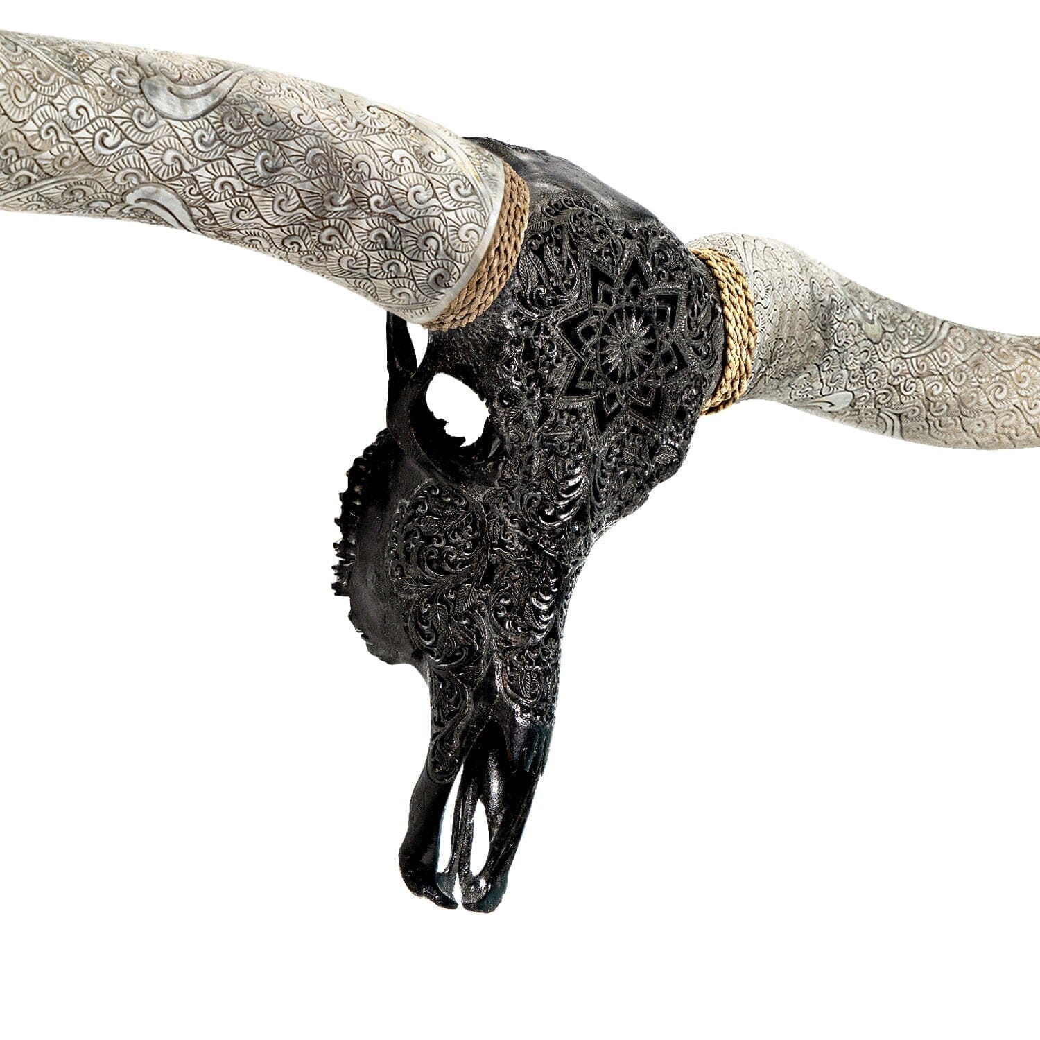 Hand Carved Longhorn Skull // XL Horns - Black Mandala