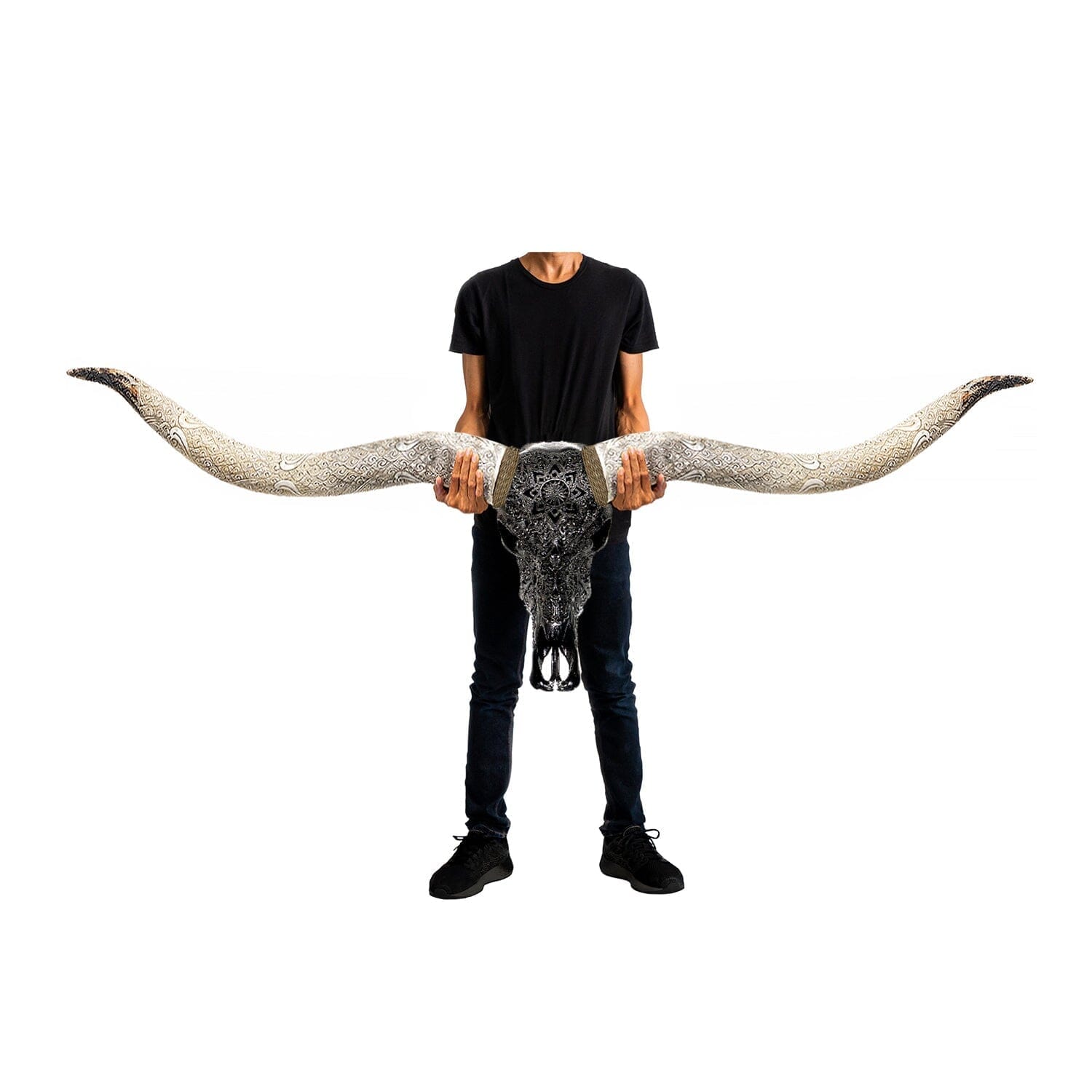 Hand Carved Longhorn Skull // XL Horns - Black Mandala