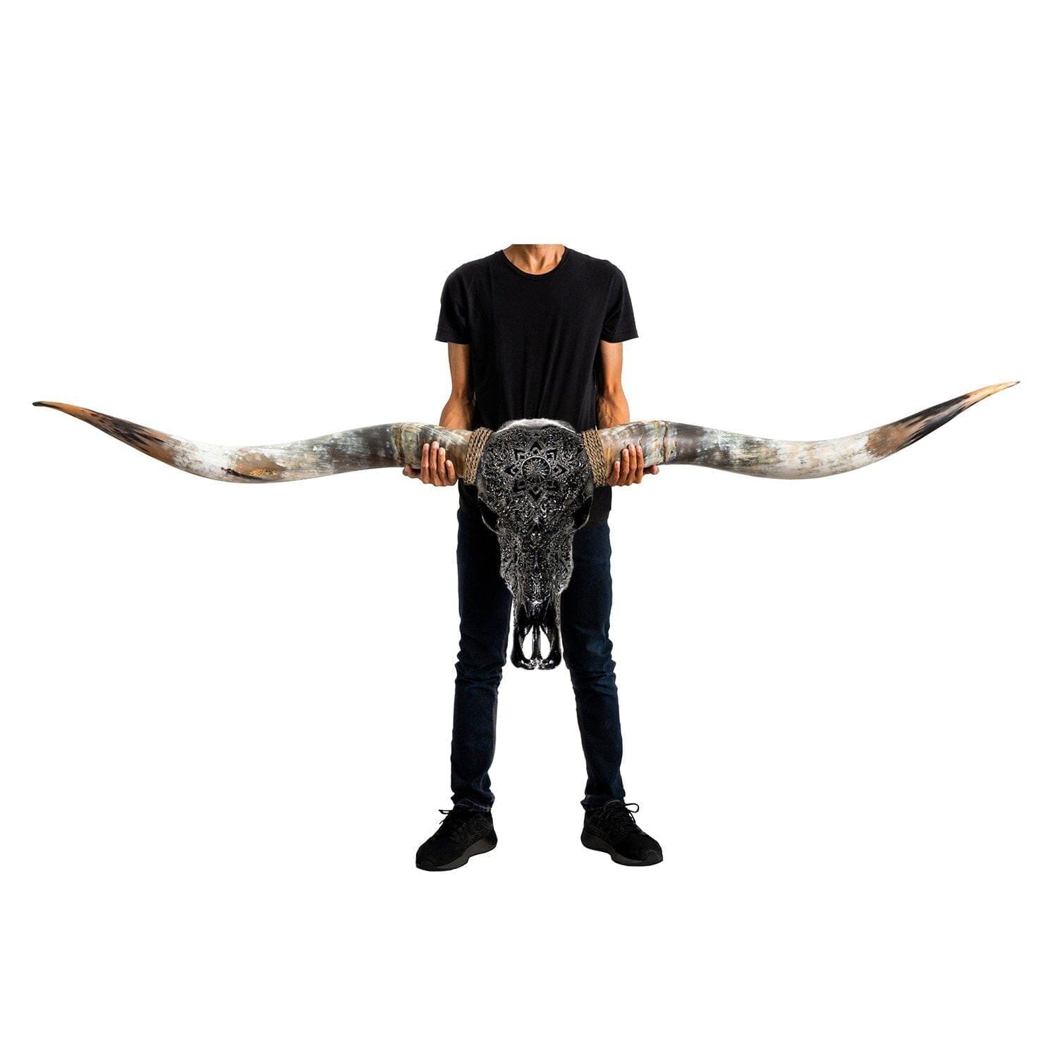 Hand Carved Longhorn Skull // XL Horns - Black Mandala