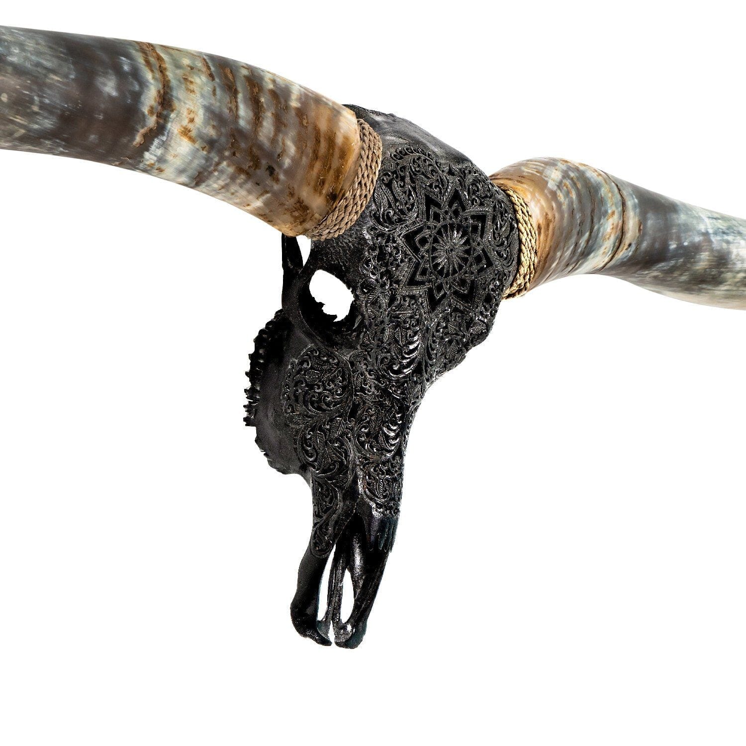 Hand Carved Longhorn Skull // XL Horns - Black Mandala