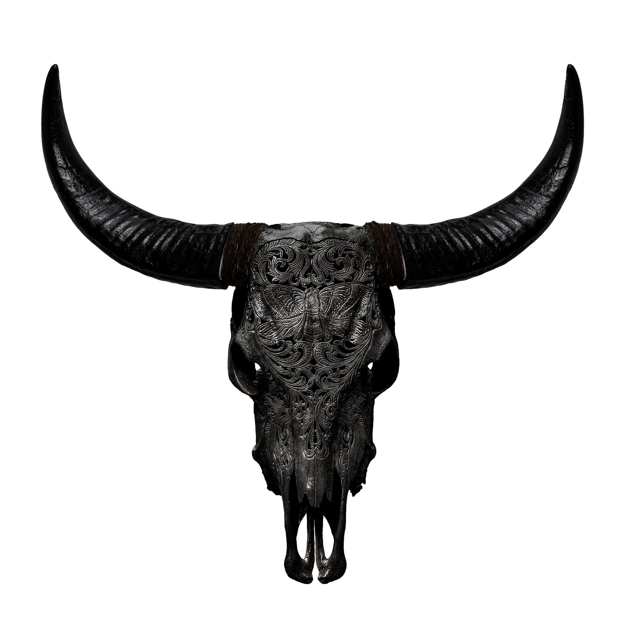 Hand Carved Cow Skull - Black Moth