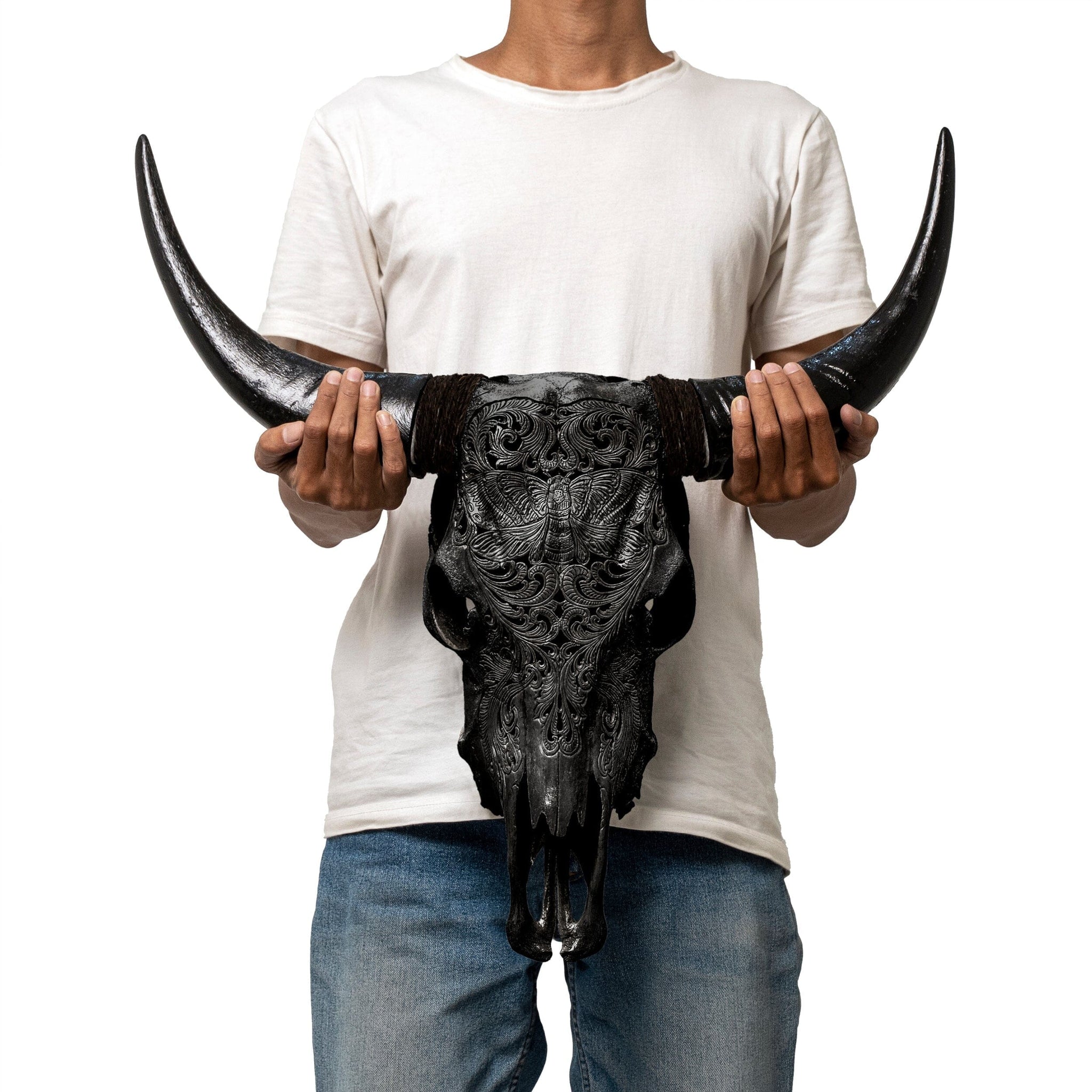 Hand Carved Cow Skull - Black Moth