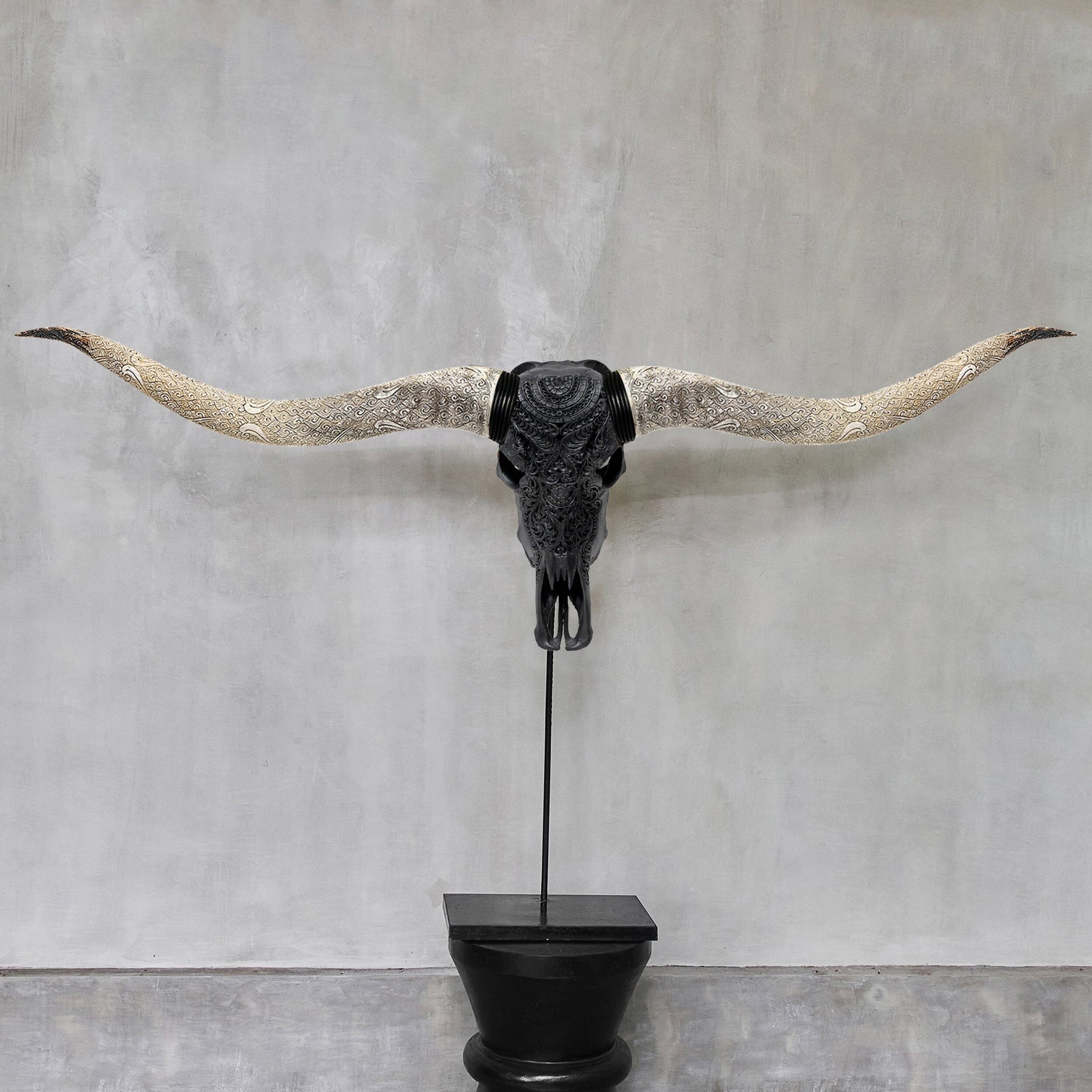 Hand Carved Longhorn Skull // XL Horns - Matte Black Boho