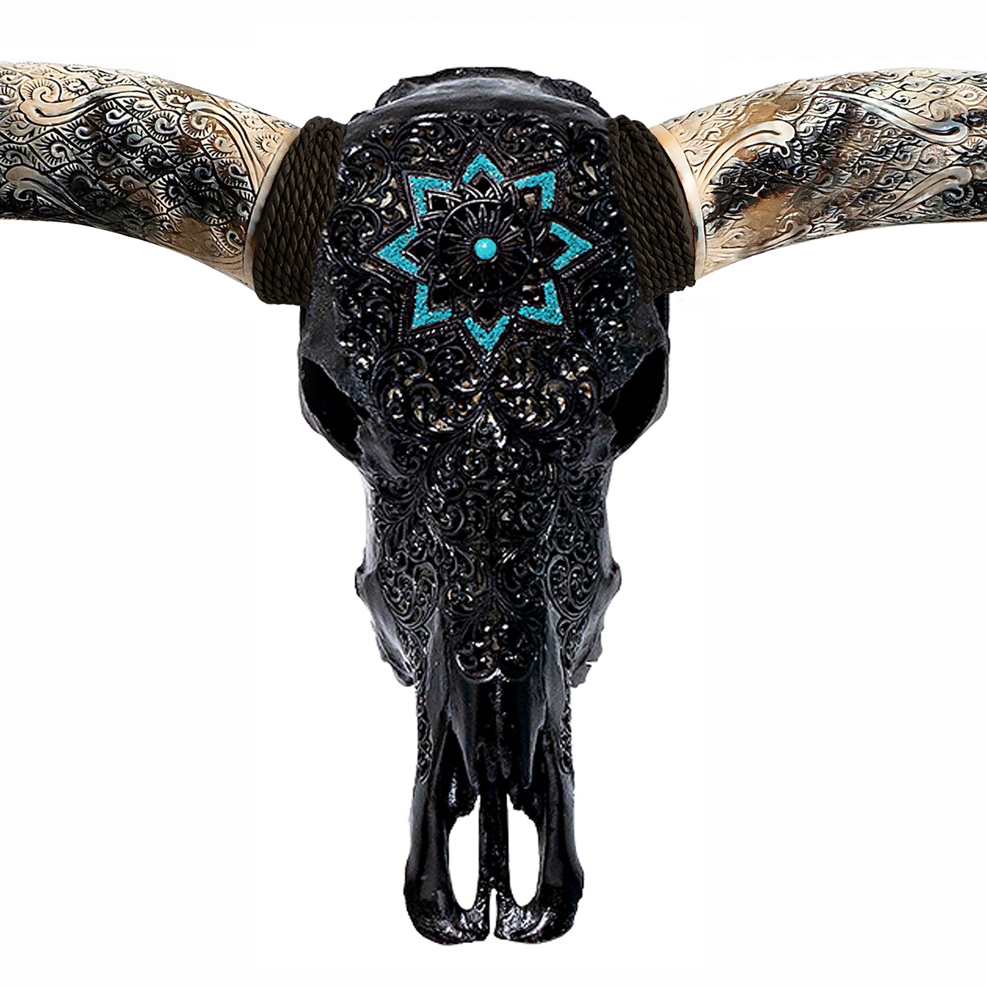 Hand Carved Longhorn Skull - Black Glowing Mandala